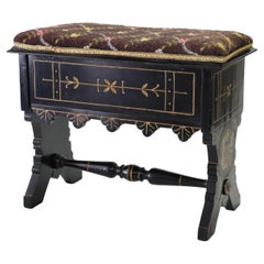Aesthetic Movement Ebonized & Gilt Needlepoint Footstool With Handpainted Panels