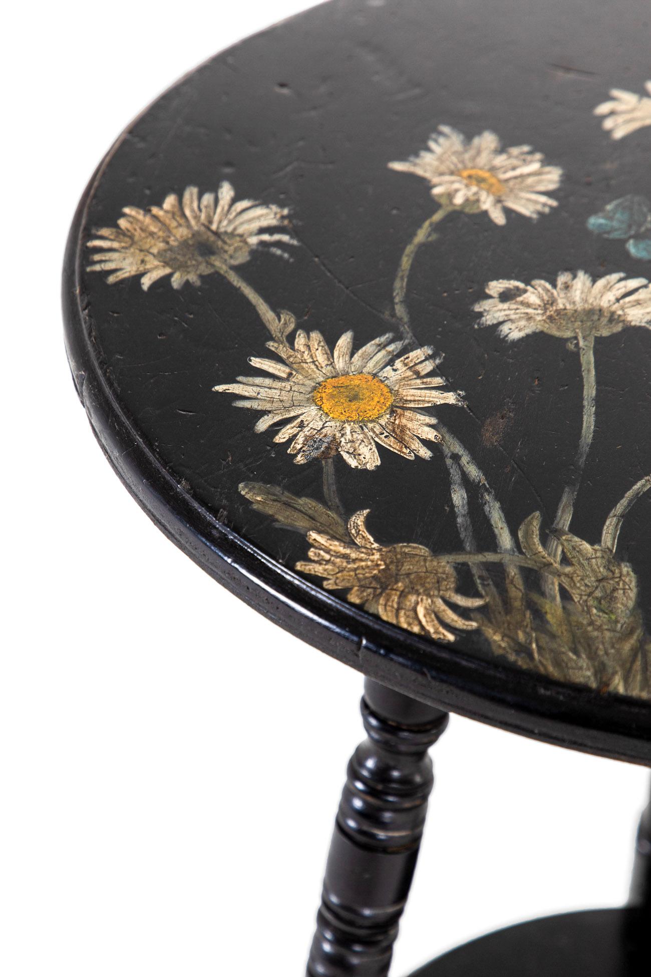 Aesthetic Movement Ebonized Occasional Table with Hand Painted Flowers For Sale 3