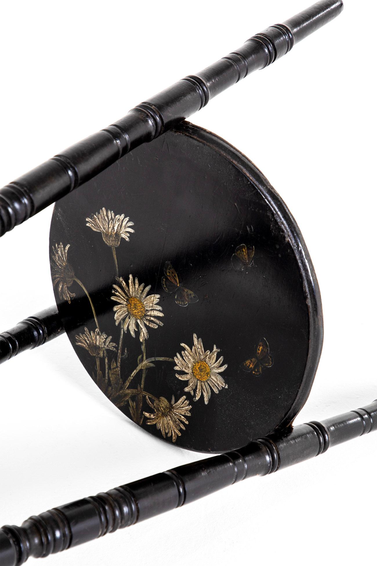 Aesthetic Movement Ebonized Occasional Table with Hand Painted Flowers For Sale 4
