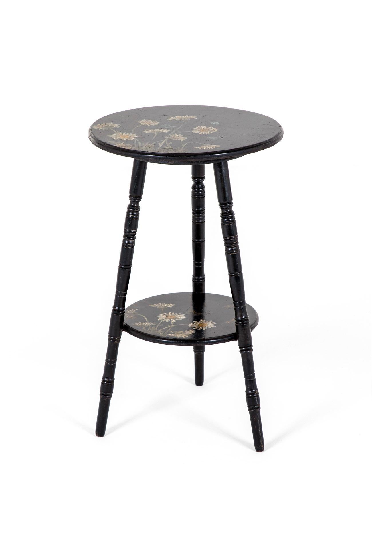 British Aesthetic Movement Ebonized Occasional Table with Hand Painted Flowers For Sale