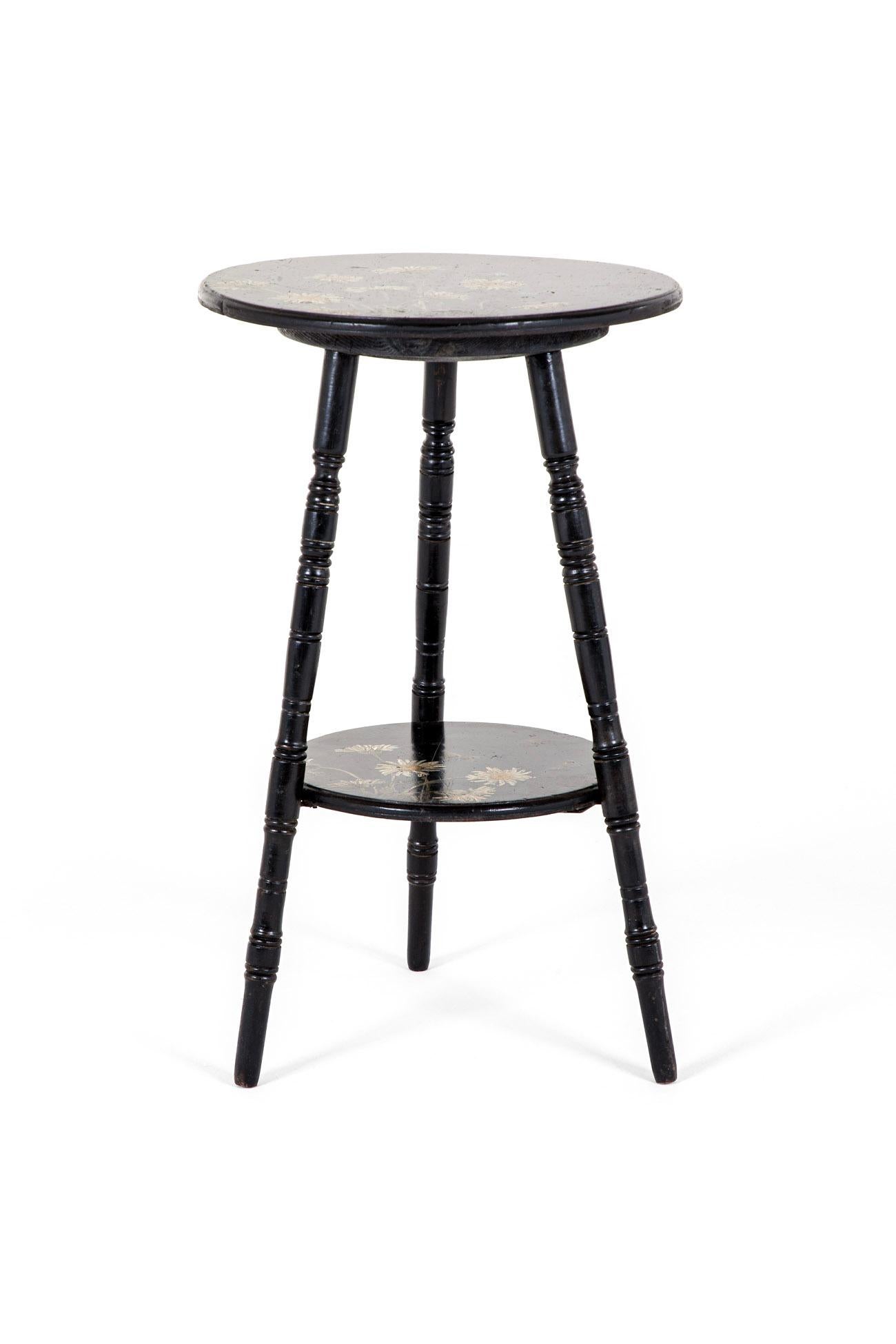 Hand-Crafted Aesthetic Movement Ebonized Occasional Table with Hand Painted Flowers For Sale
