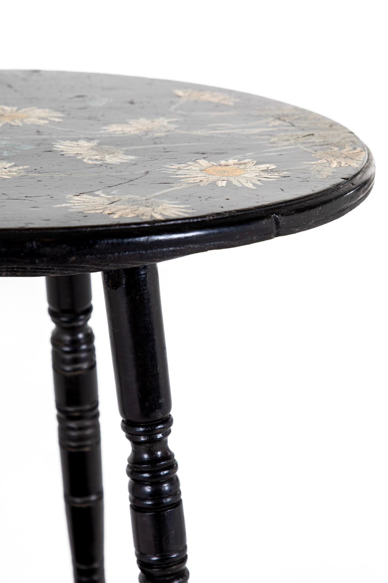 Aesthetic Movement Ebonized Occasional Table with Hand Painted Flowers For Sale 1