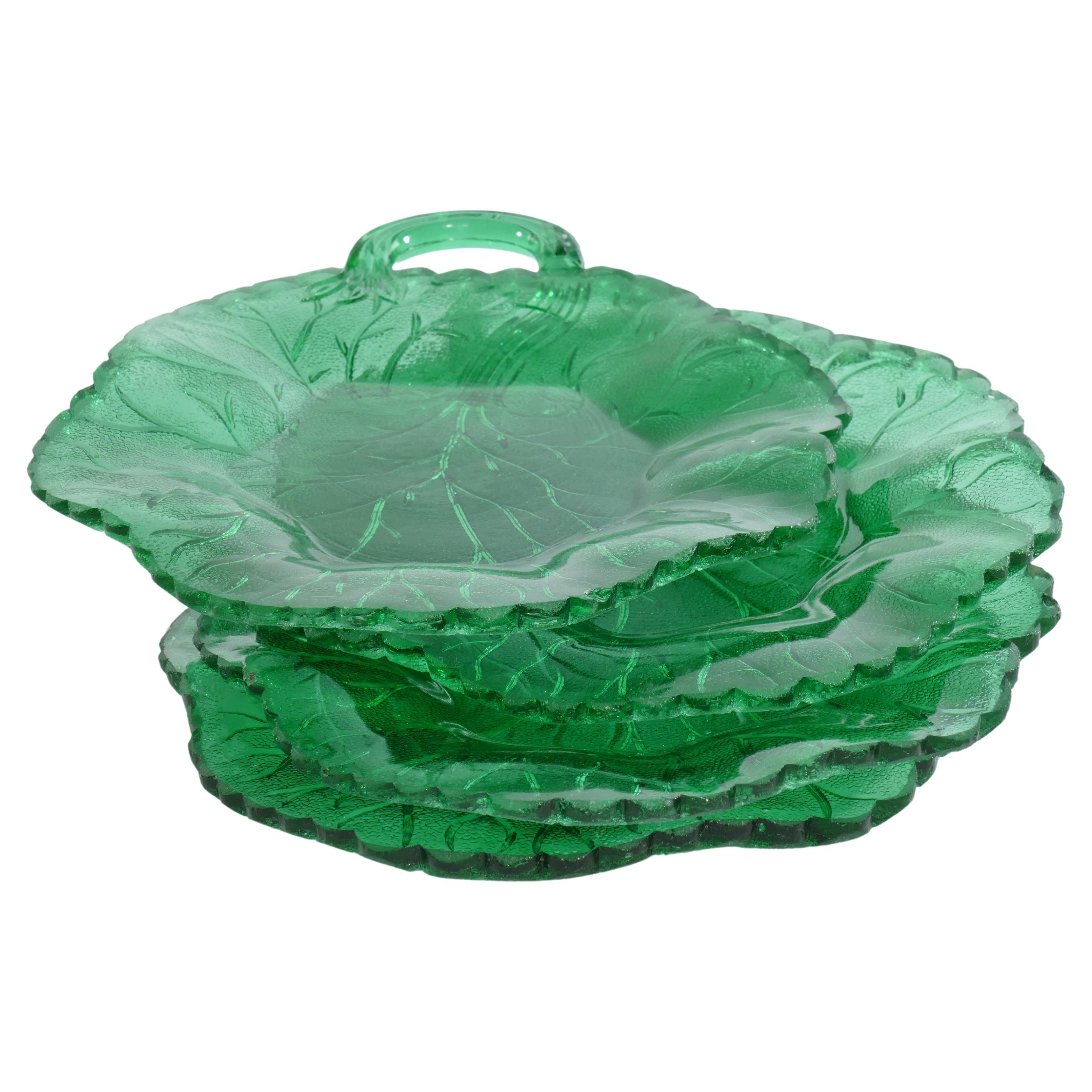 Aesthetic Movement Emerald Green Glass Leaf Plates For Sale