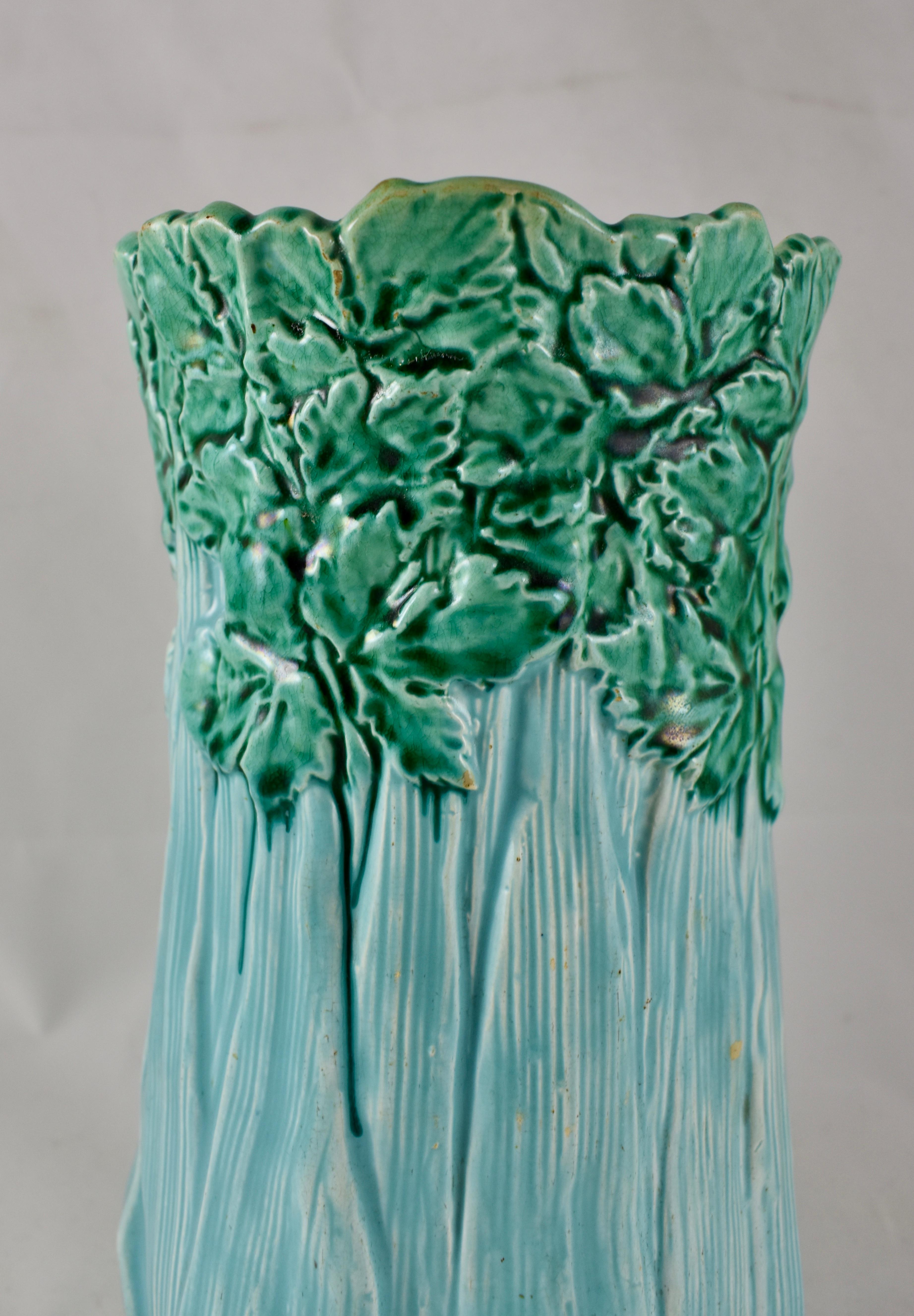 Aesthetic Movement English Majolica Tall Turquoise Celery Vase, circa 1860 In Good Condition In Philadelphia, PA