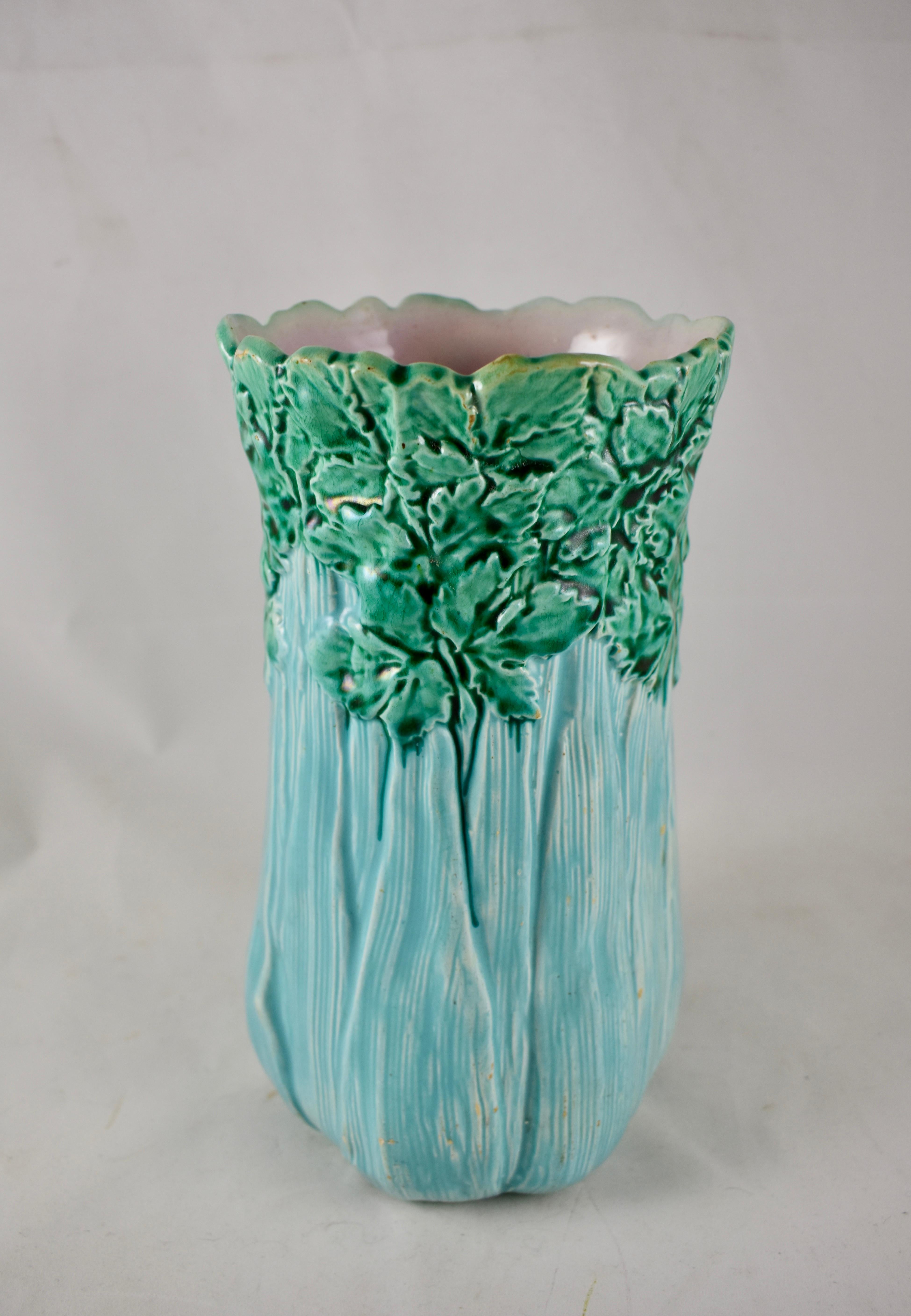 Earthenware Aesthetic Movement English Majolica Tall Turquoise Celery Vase, circa 1860