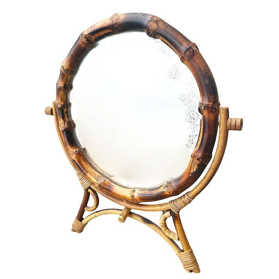 Aesthetic Movement English Round Tiger Bamboo Table Vanity Mirror Excellent état - En vente à Van Nuys, CA