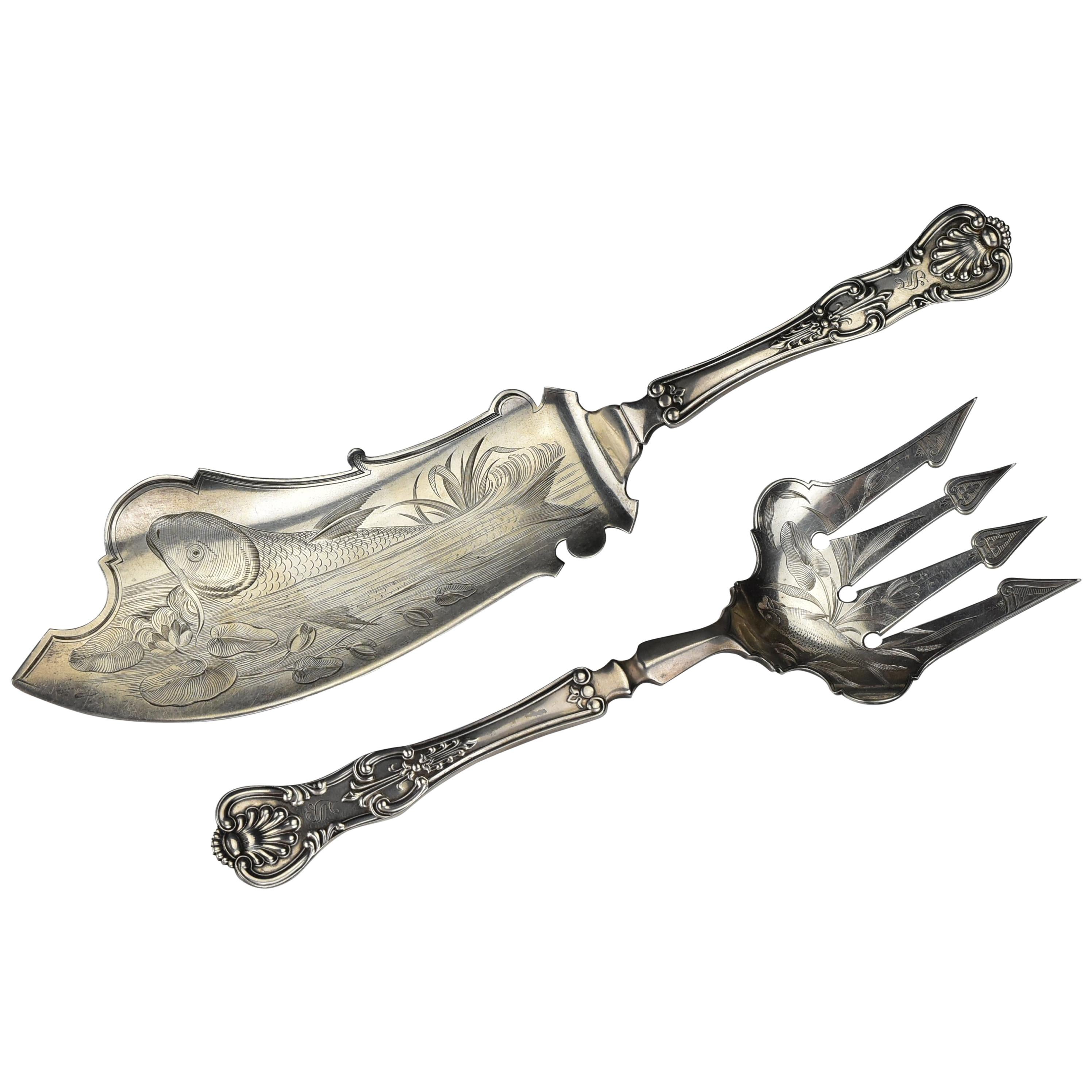 Aesthetic Movement English Sterling Silver Kings Pattern Fish Serving Set