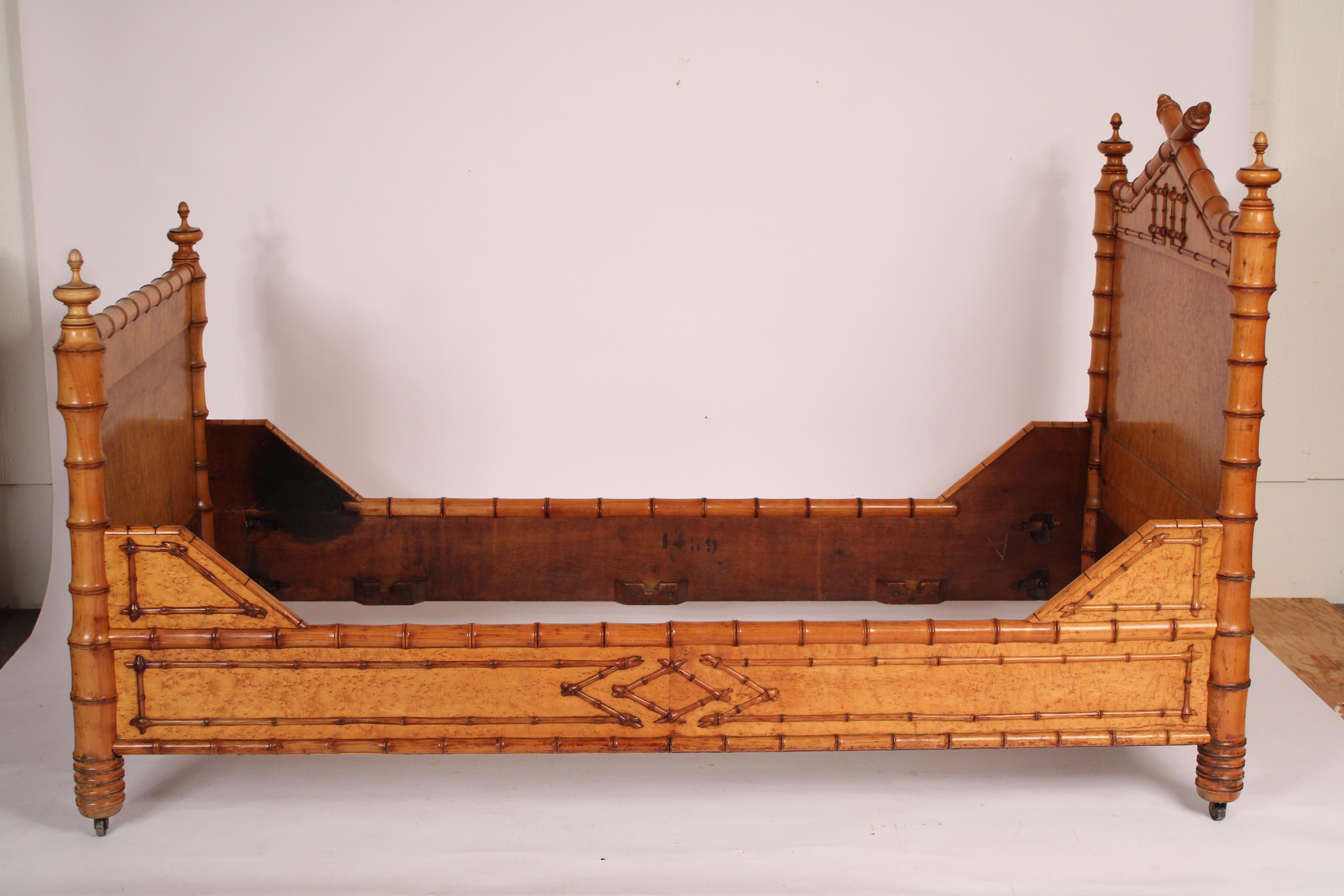 Early 20th Century Aesthetic Movement Faux Bamboo and birds eye maple Bed  For Sale