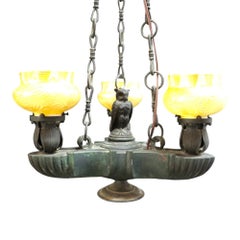 Aesthetic Movement Figural Bronze \Chandelier With Owl & Quezal Shades c1900