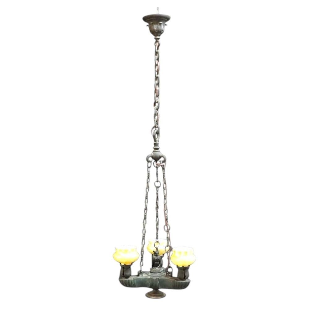 Aesthetic Movement Figural Bronze \Chandelier With Owl & Quezal Shades c1900