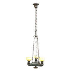 Aesthetic Movement Figural Bronze \Chandelier With Owl & Quezal Shades c1900