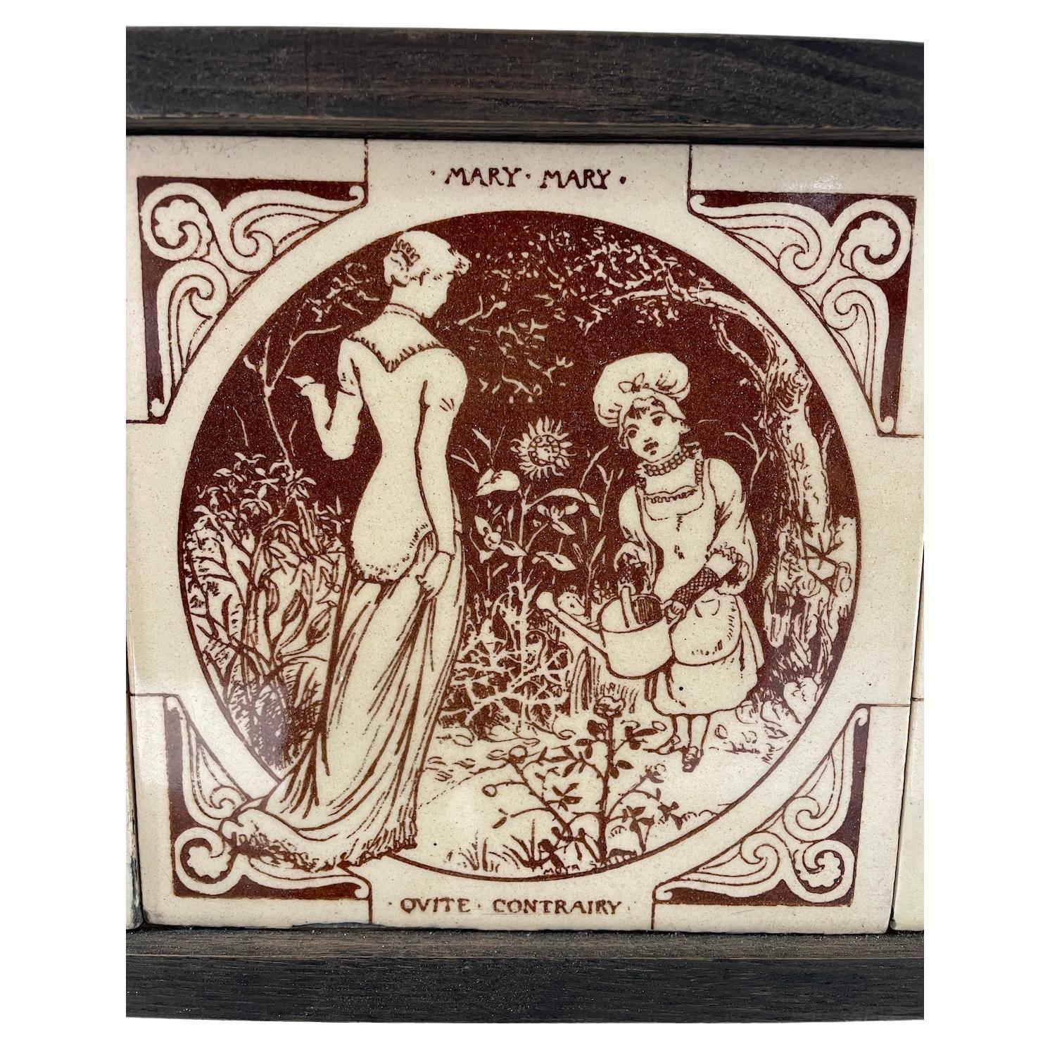 Aesthetic Movement black framed 5 sepia tile panel 

Depicting nursery rhymes: 

Humpty Dumpty, 

Bo Peep, 

See Saw

Mary, Mary

Little Jack Horner

Tile designs by John Moyr Smith

Made by Minton & Hollins

Circa 1880

Height 19cm.  Width 80cm.  