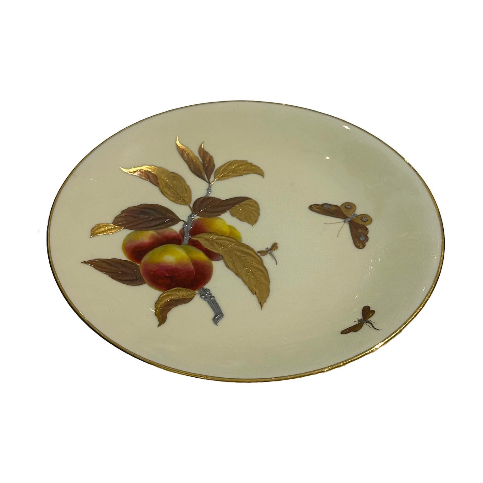 Precioso plato Minton de melocotones pintado a mano en oro y plata Aesthetic Movement 1880 Movimiento estético en venta