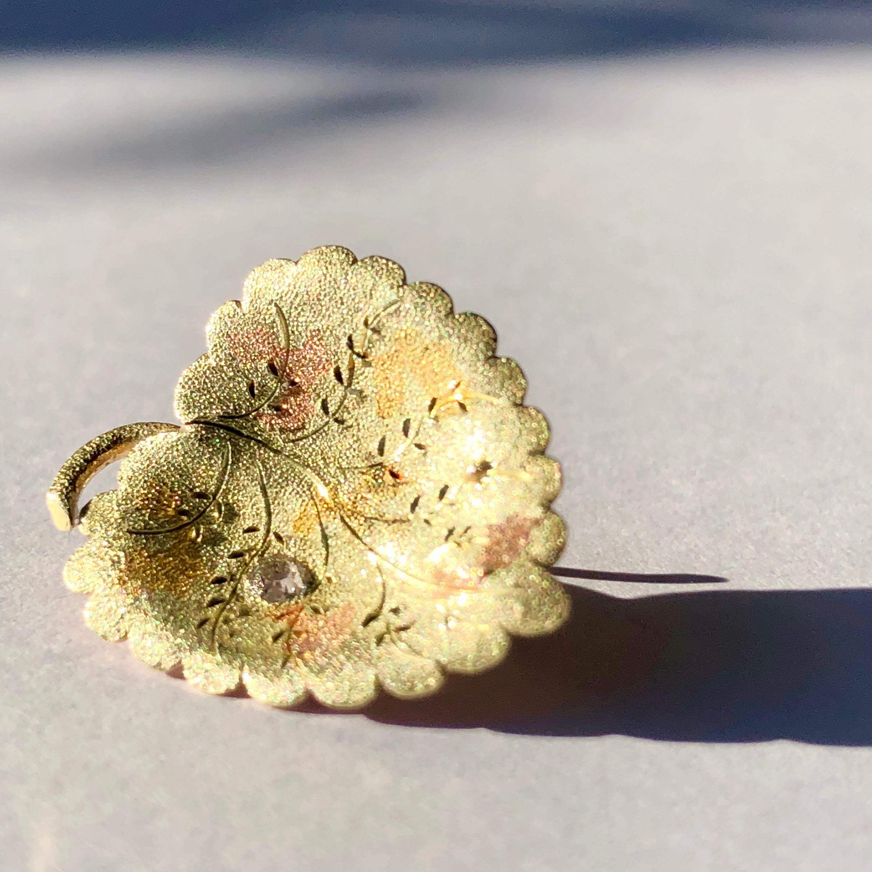 Brooch & Earring Set From the Aesthetic Era 

Such a beautiful suite

The earrings and brooch set with old mine cut diamonds

The finely textured leaves displaying various colours of gold, with the reverse of the pieces in highly polished warm rose