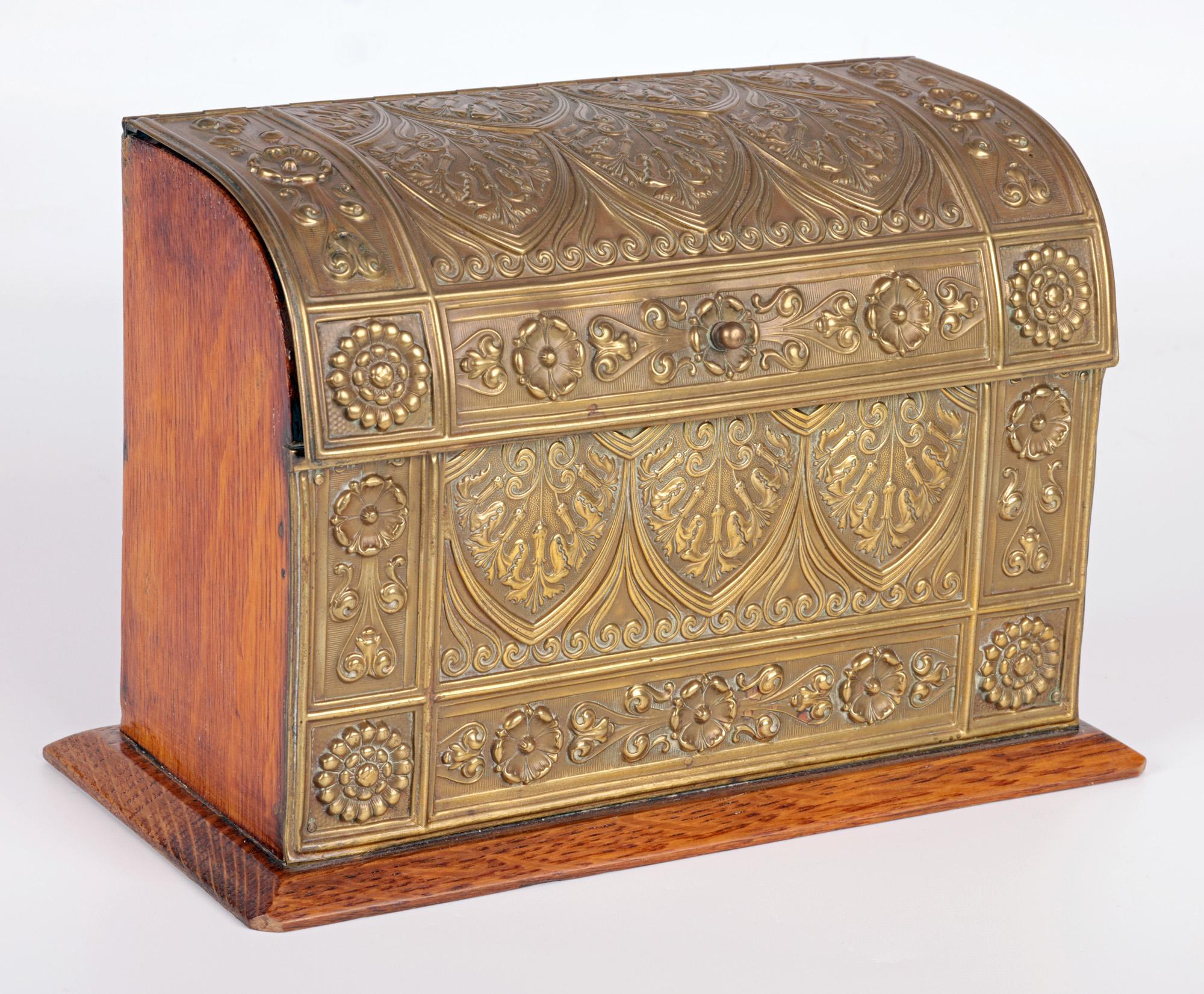 Hand-Carved Aesthetic Movement Gothic Style Brass Mounted Stationery Box For Sale