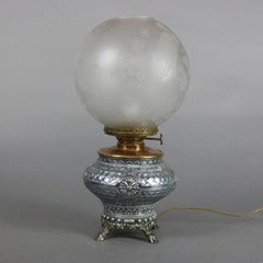 Aesthetic Movement Hammered Silverplate Banquet Lamp with Etched Glass Shade