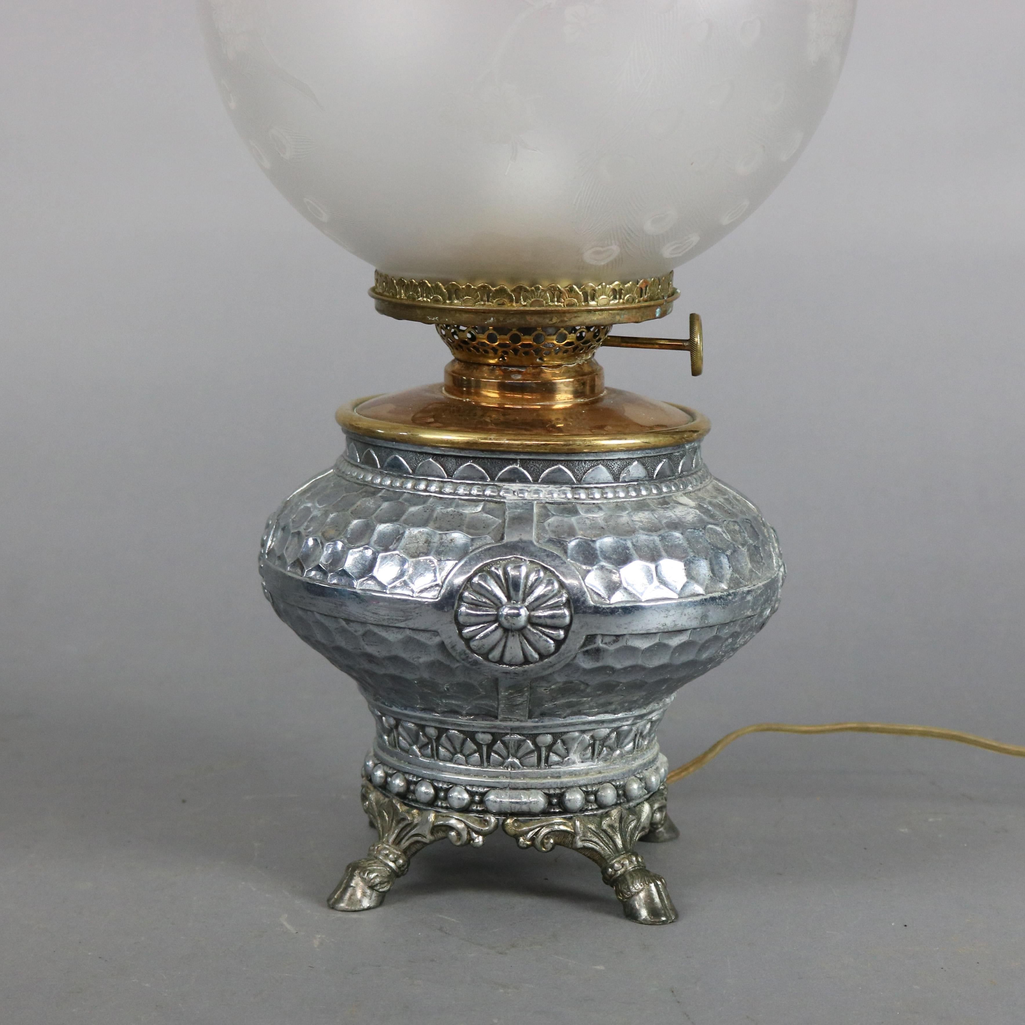Aesthetic Movement Hammered Silverplate Banquet Lamp with Etched Glass Shade In Good Condition In Big Flats, NY