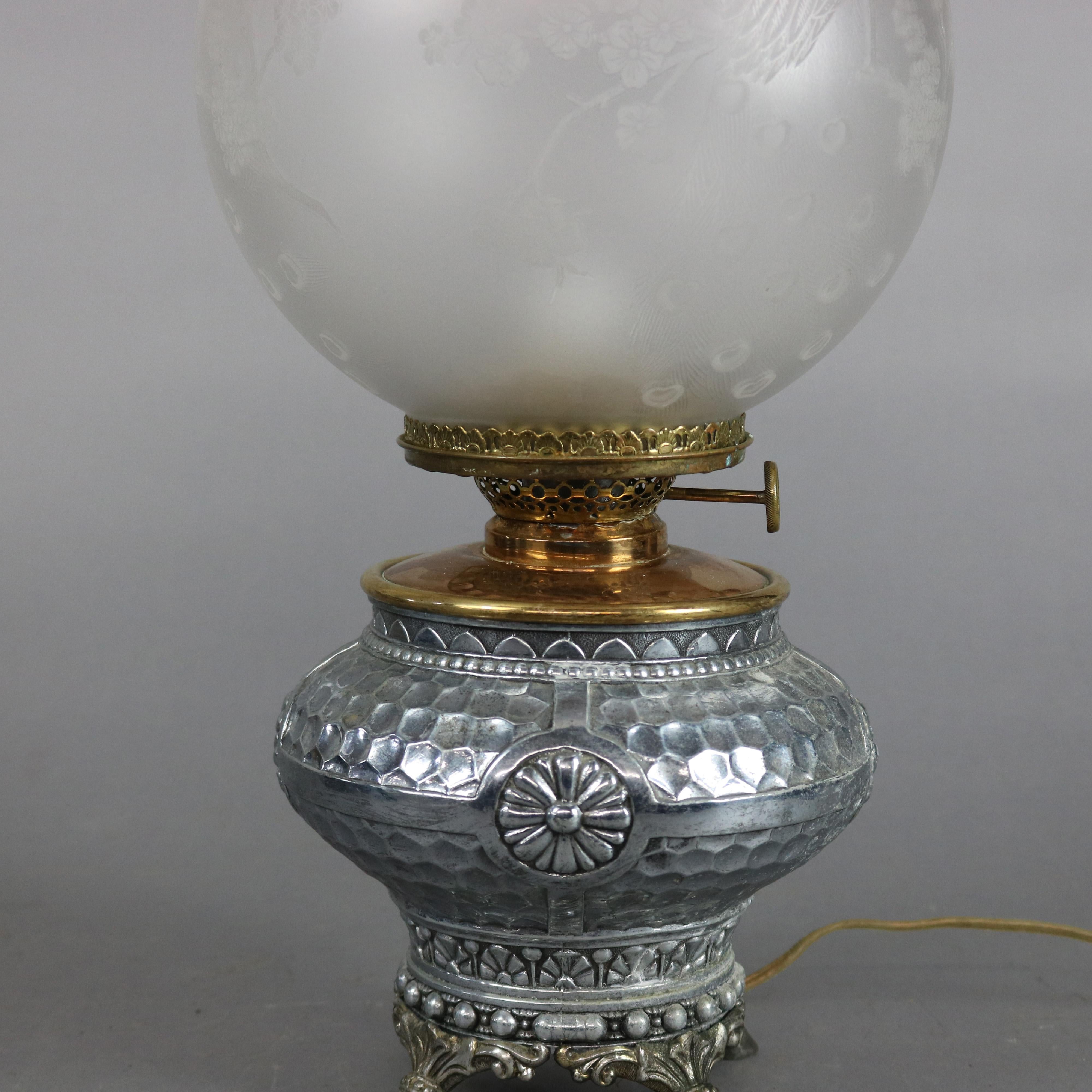 19th Century Aesthetic Movement Hammered Silverplate Banquet Lamp with Etched Glass Shade