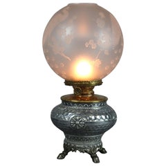 Aesthetic Movement Hammered Silverplate Banquet Lamp with Etched Glass Shade