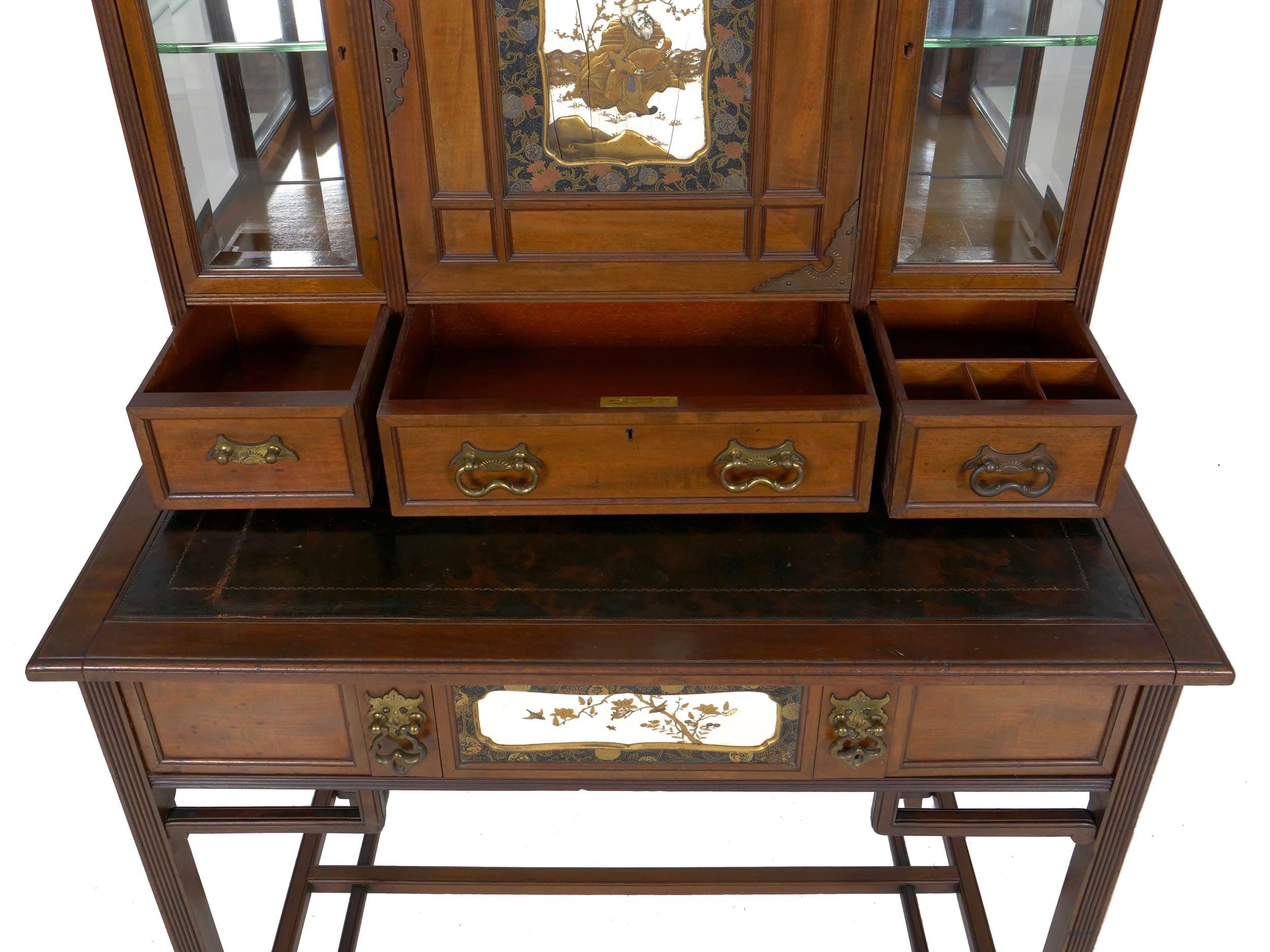Brass Aesthetic Movement Mahogany Bonheur du Jour Secretary Desk Cabinet, circa 1880