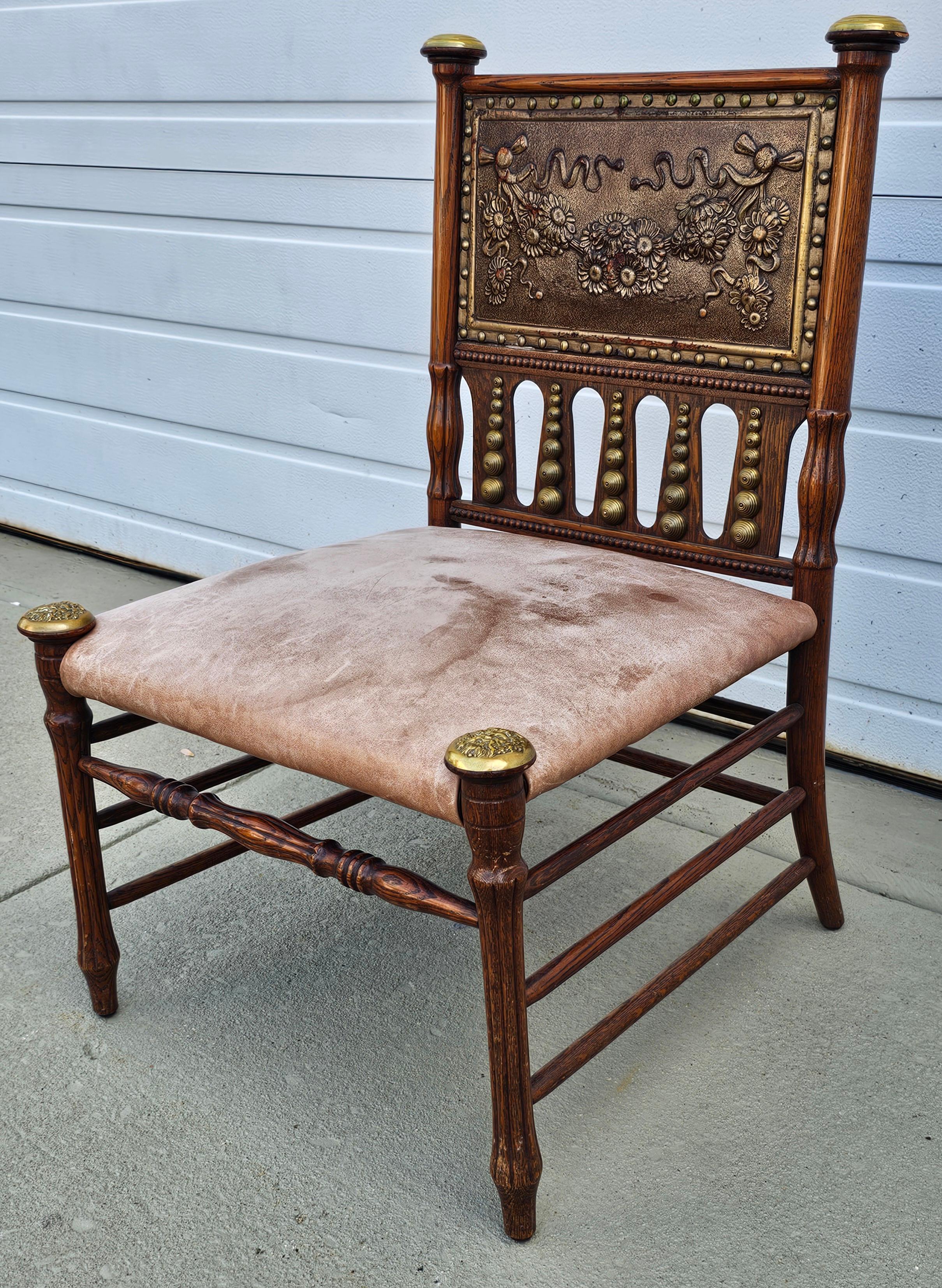 Other Aesthetic Movement Oak and Brass with Pressed Leather Back Slipper Chair For Sale