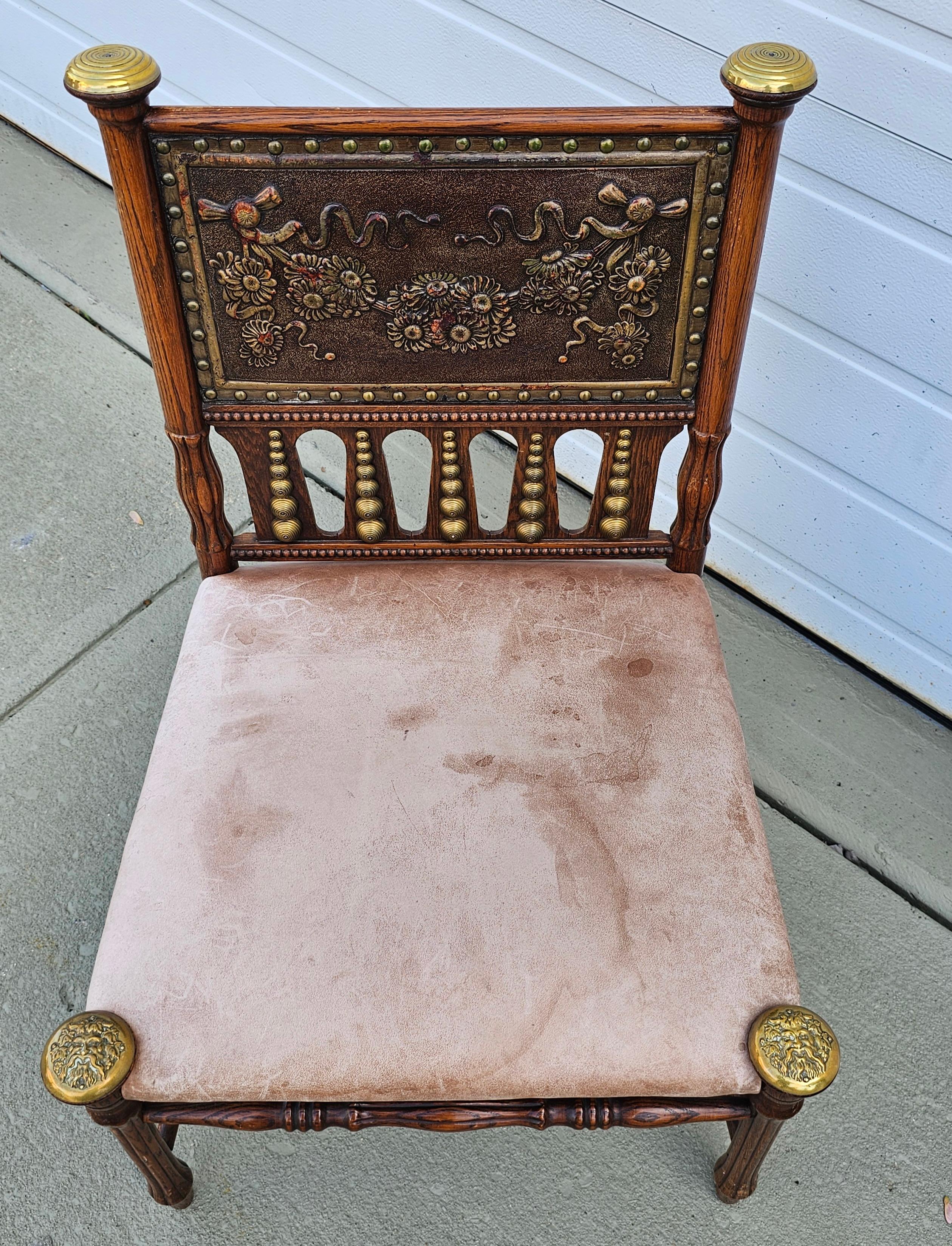 American Aesthetic Movement Oak and Brass with Pressed Leather Back Slipper Chair For Sale