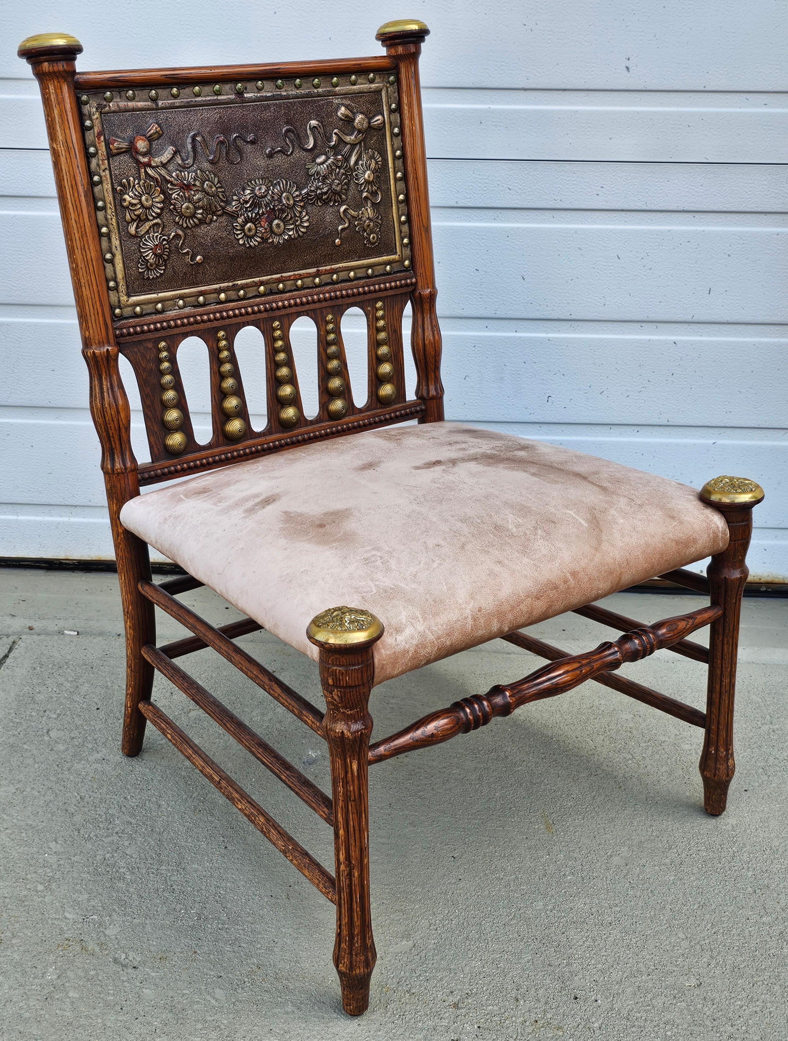 Other Aesthetic Movement Oak and Brass with Pressed Leather Back Slipper Chair For Sale