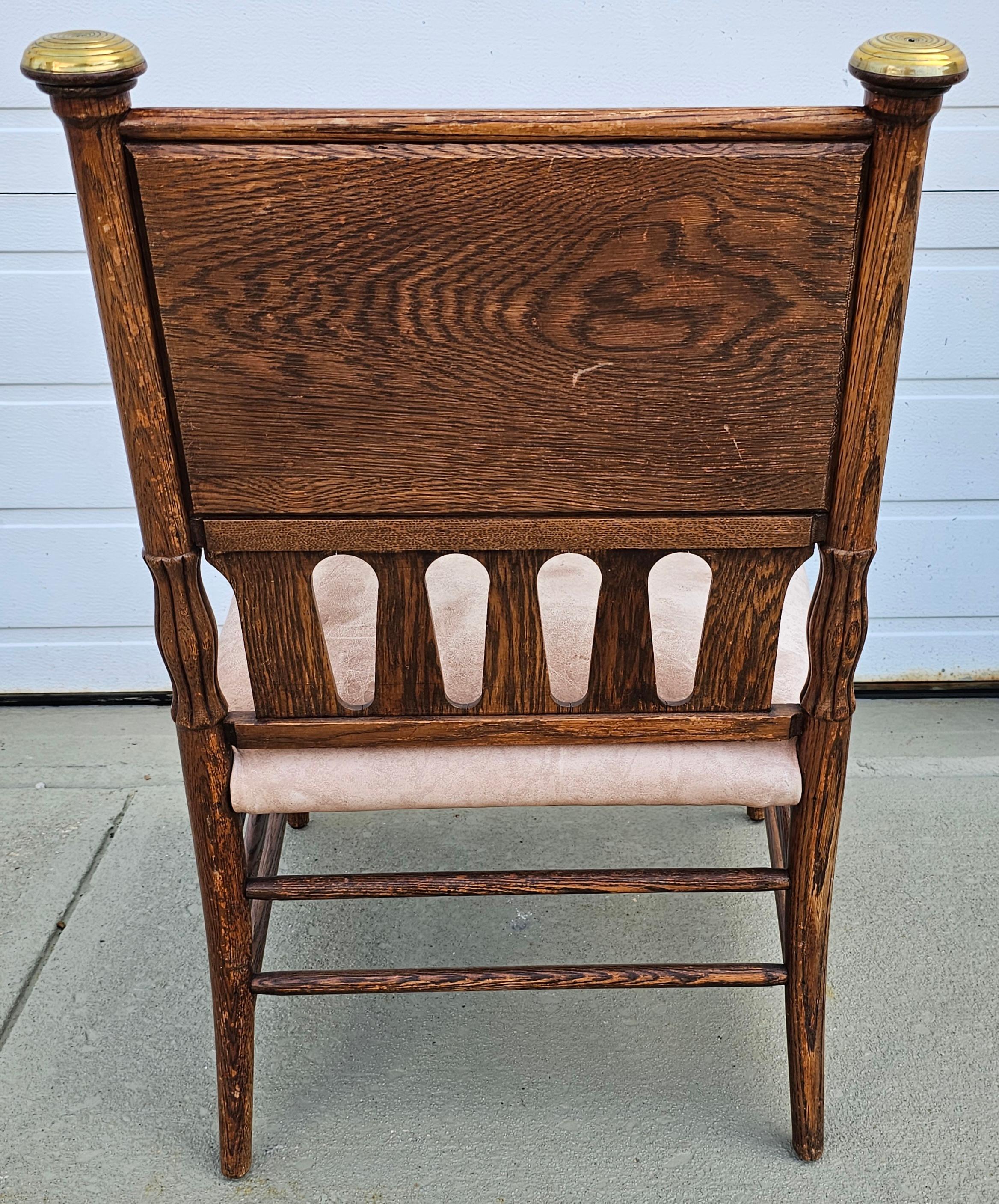 Aesthetic Movement Oak and Brass with Pressed Leather Back Slipper Chair In Good Condition For Sale In Germantown, MD