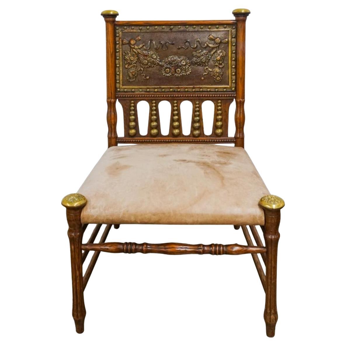 Aesthetic Movement Oak and Brass with Pressed Leather Back Slipper Chair