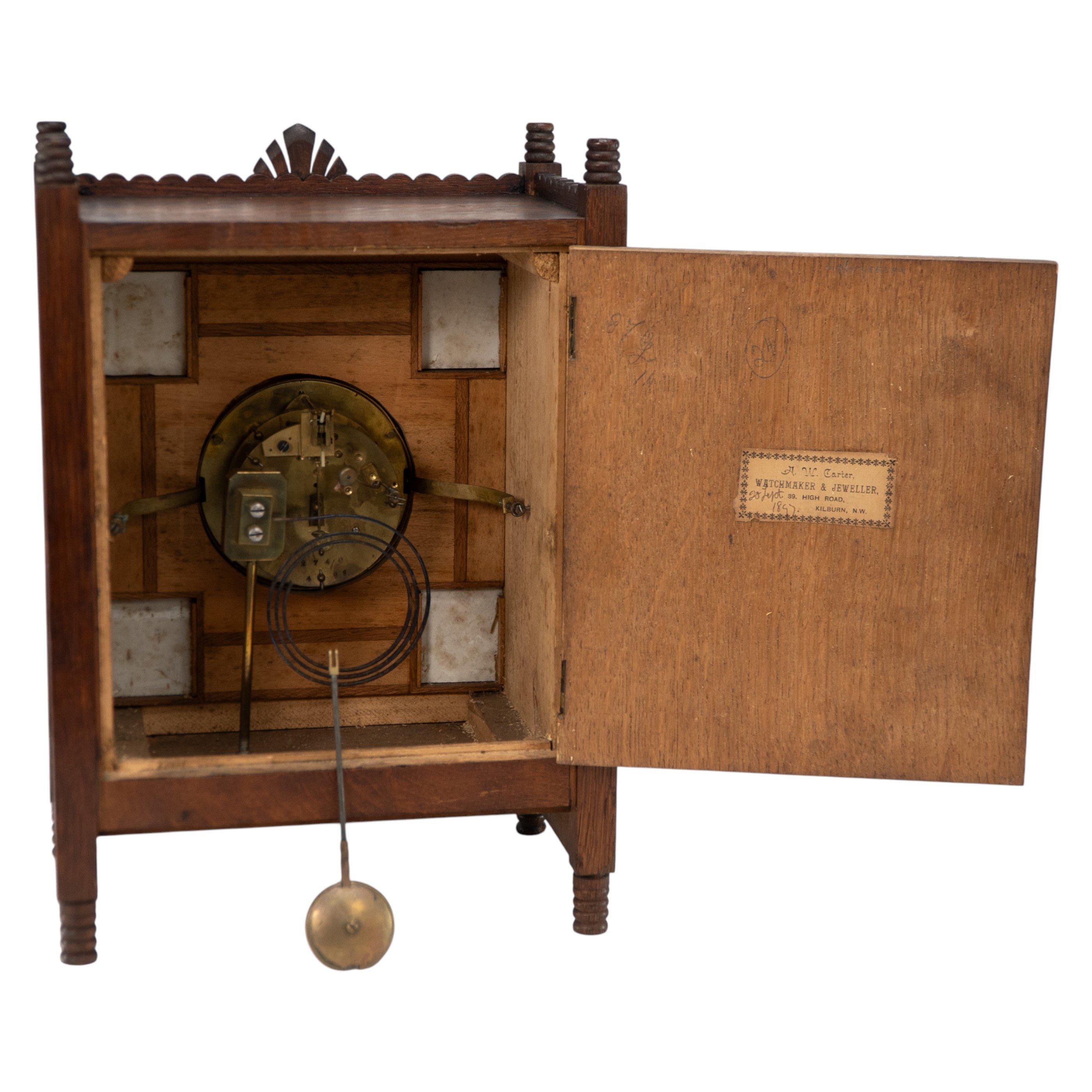 Aesthetic Movement Oak Mantle Clock by Howell & James with Blue Tile Insets For Sale 5
