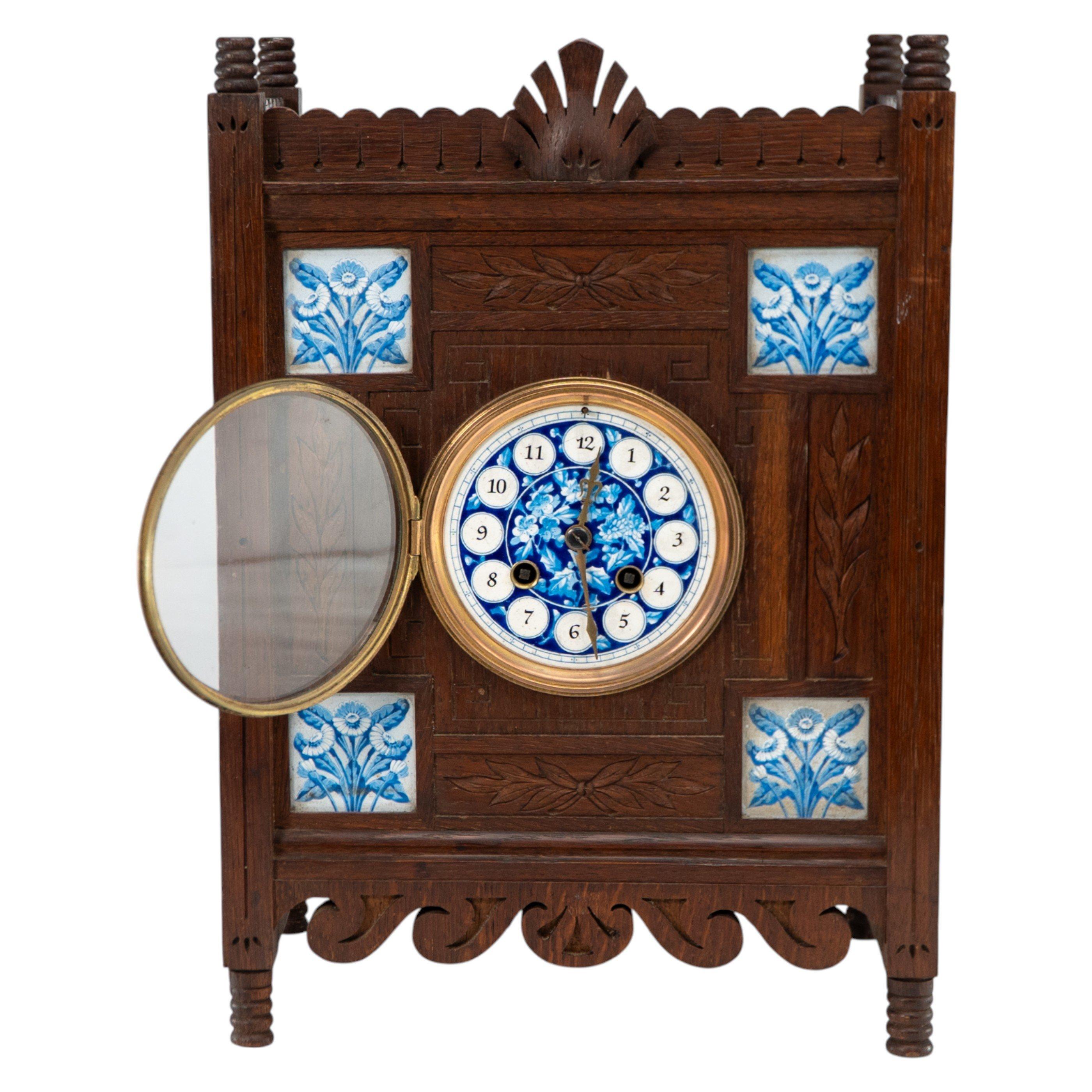 British Aesthetic Movement Oak Mantle Clock by Howell & James with Blue Tile Insets For Sale