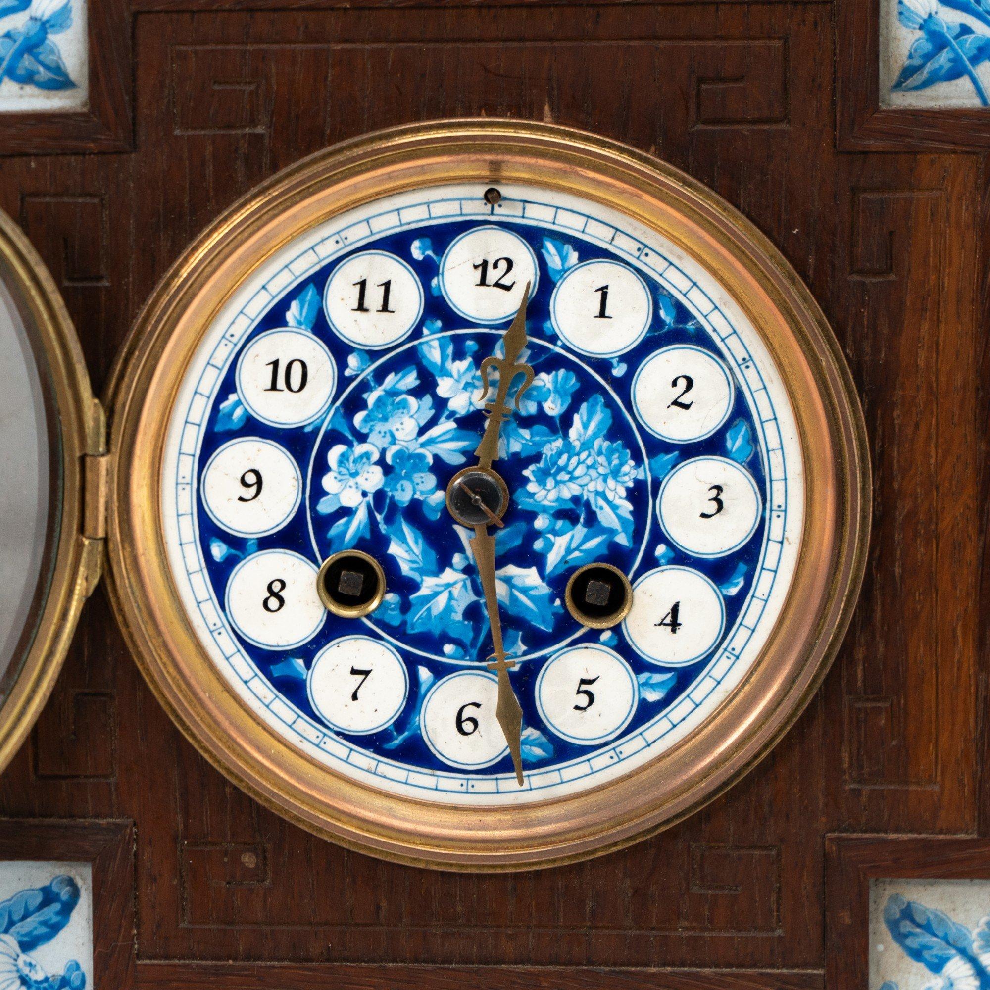 Hand-Crafted Aesthetic Movement Oak Mantle Clock by Howell & James with Blue Tile Insets For Sale