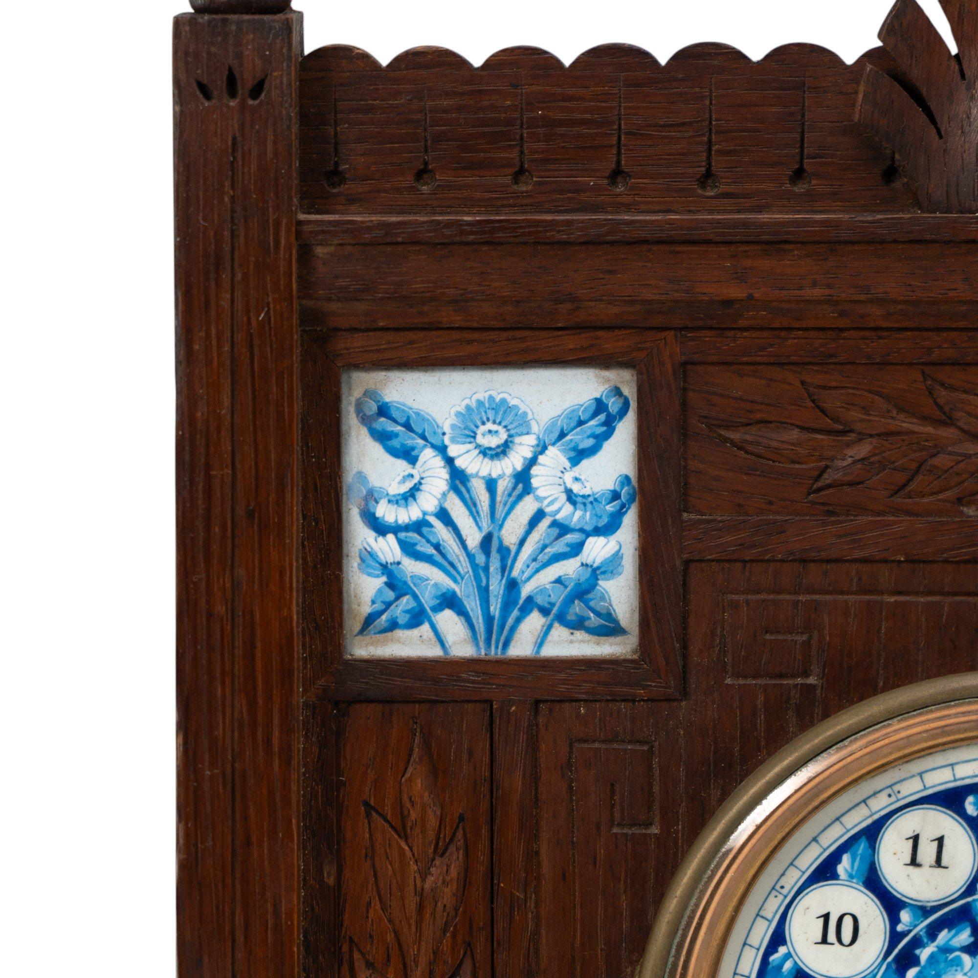 Aesthetic Movement Oak Mantle Clock by Howell & James with Blue Tile Insets In Good Condition For Sale In London, GB