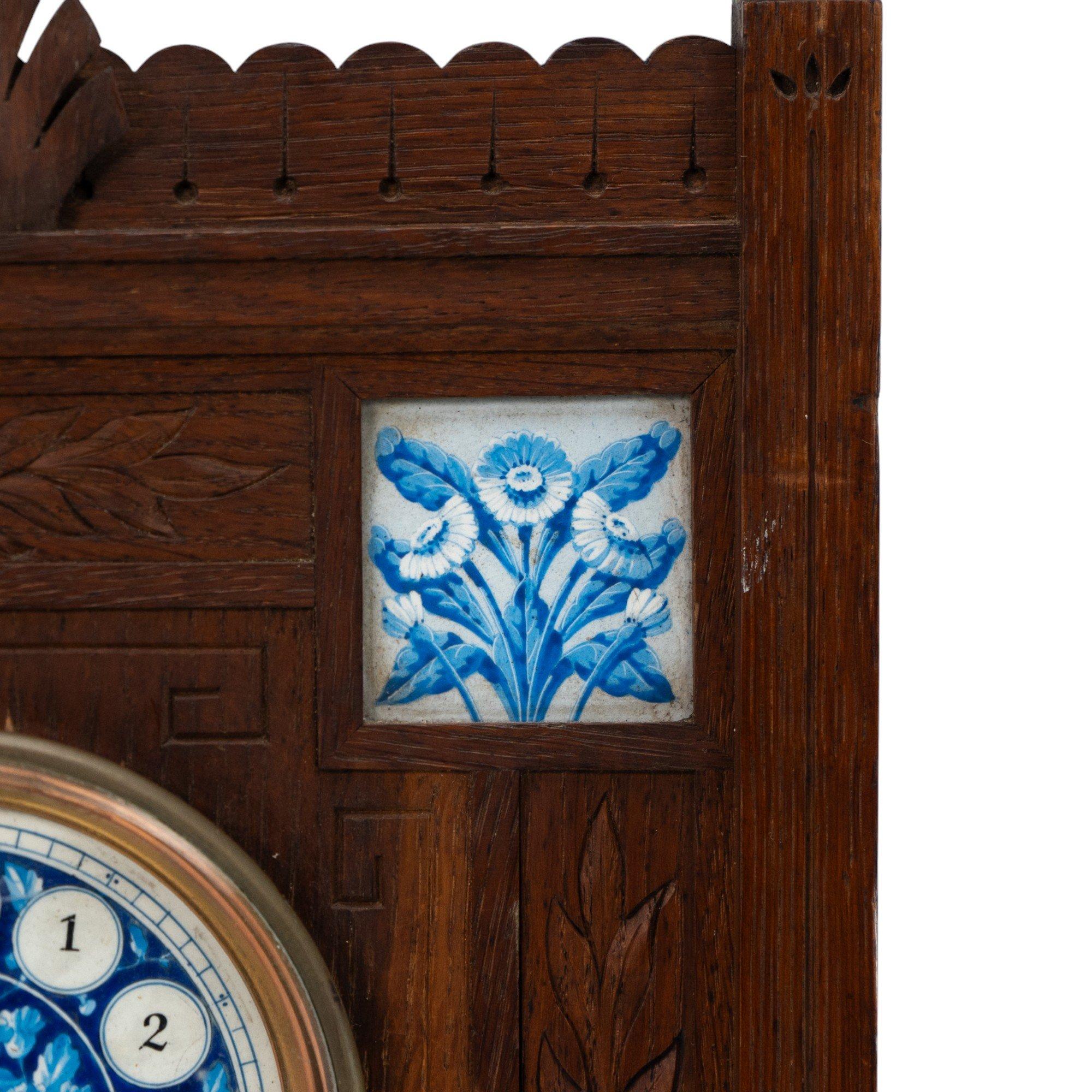 19th Century Aesthetic Movement Oak Mantle Clock by Howell & James with Blue Tile Insets For Sale
