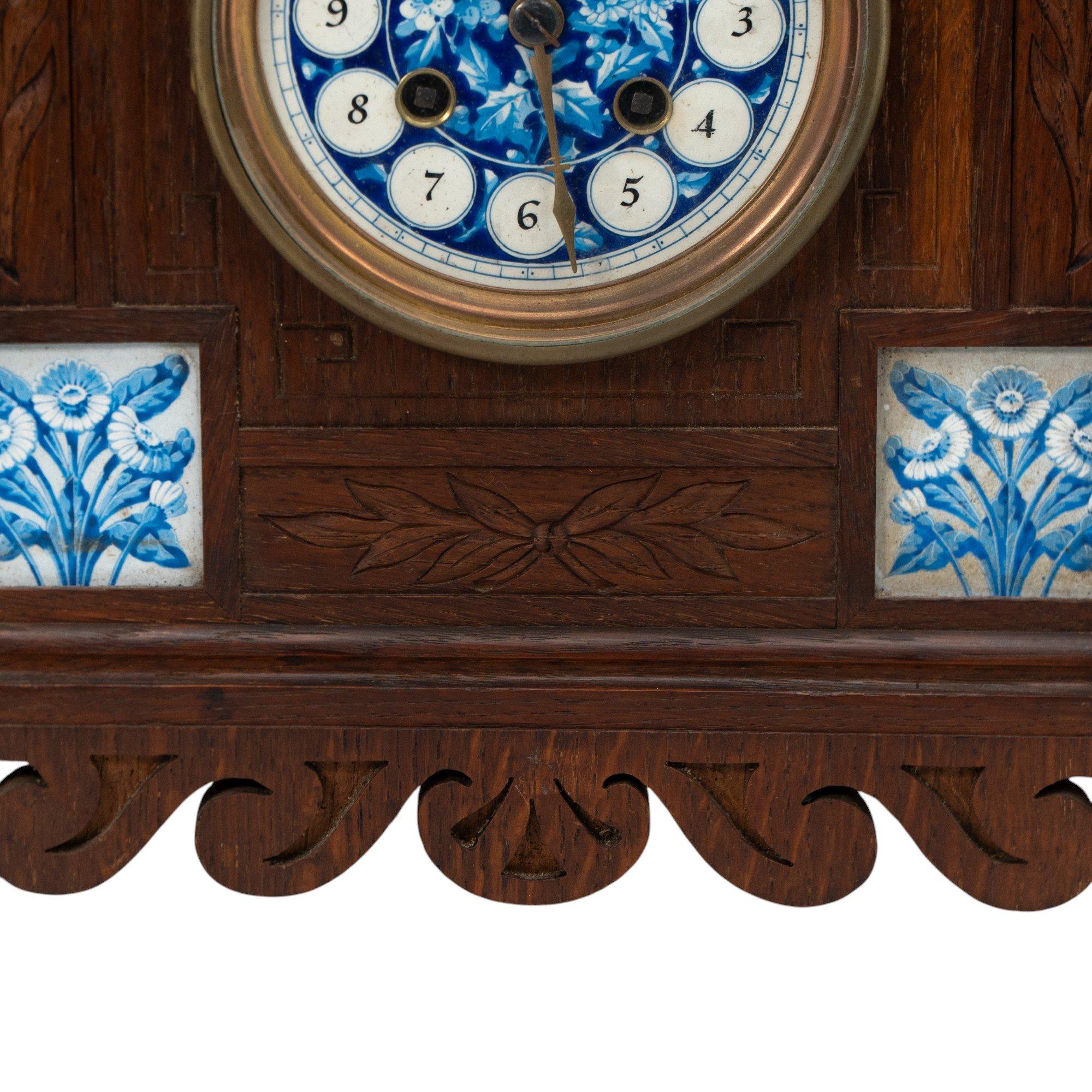 Aesthetic Movement Oak Mantle Clock by Howell & James with Blue Tile Insets For Sale 1