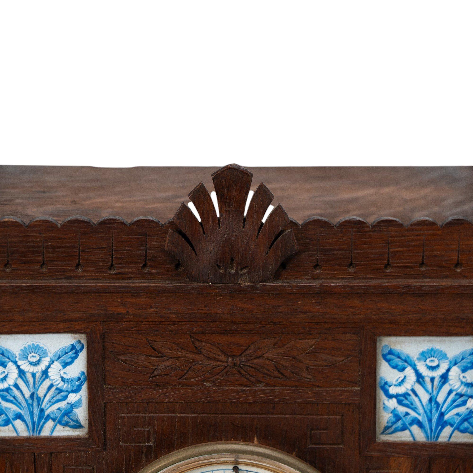 Aesthetic Movement Oak Mantle Clock by Howell & James with Blue Tile Insets For Sale 2