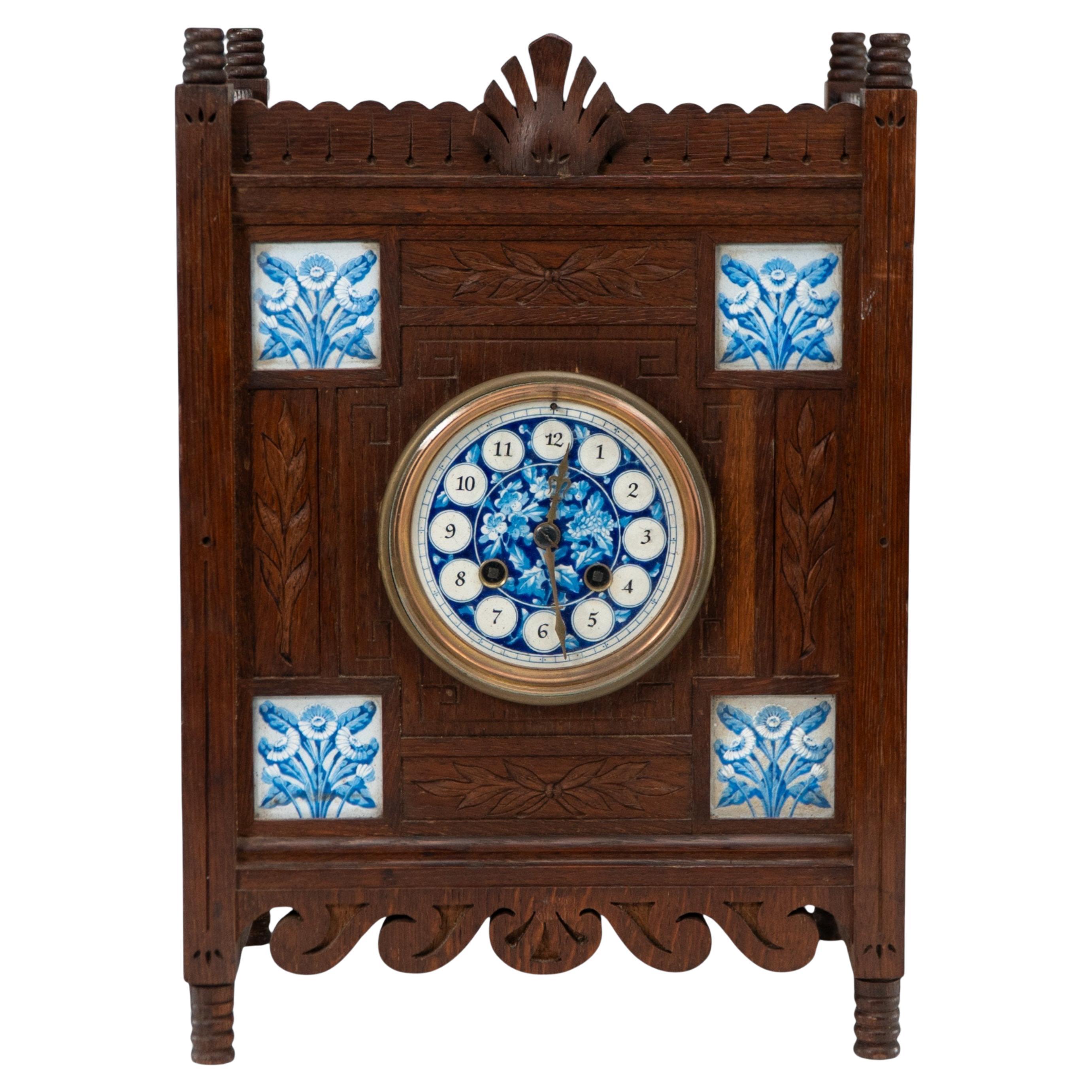 Aesthetic Movement Oak Mantle Clock by Howell & James with Blue Tile Insets For Sale