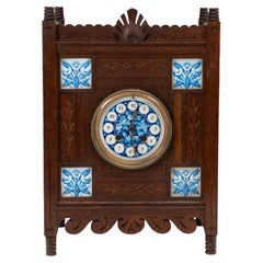 Antique Aesthetic Movement Oak Mantle Clock by Howell & James with Blue Tile Insets