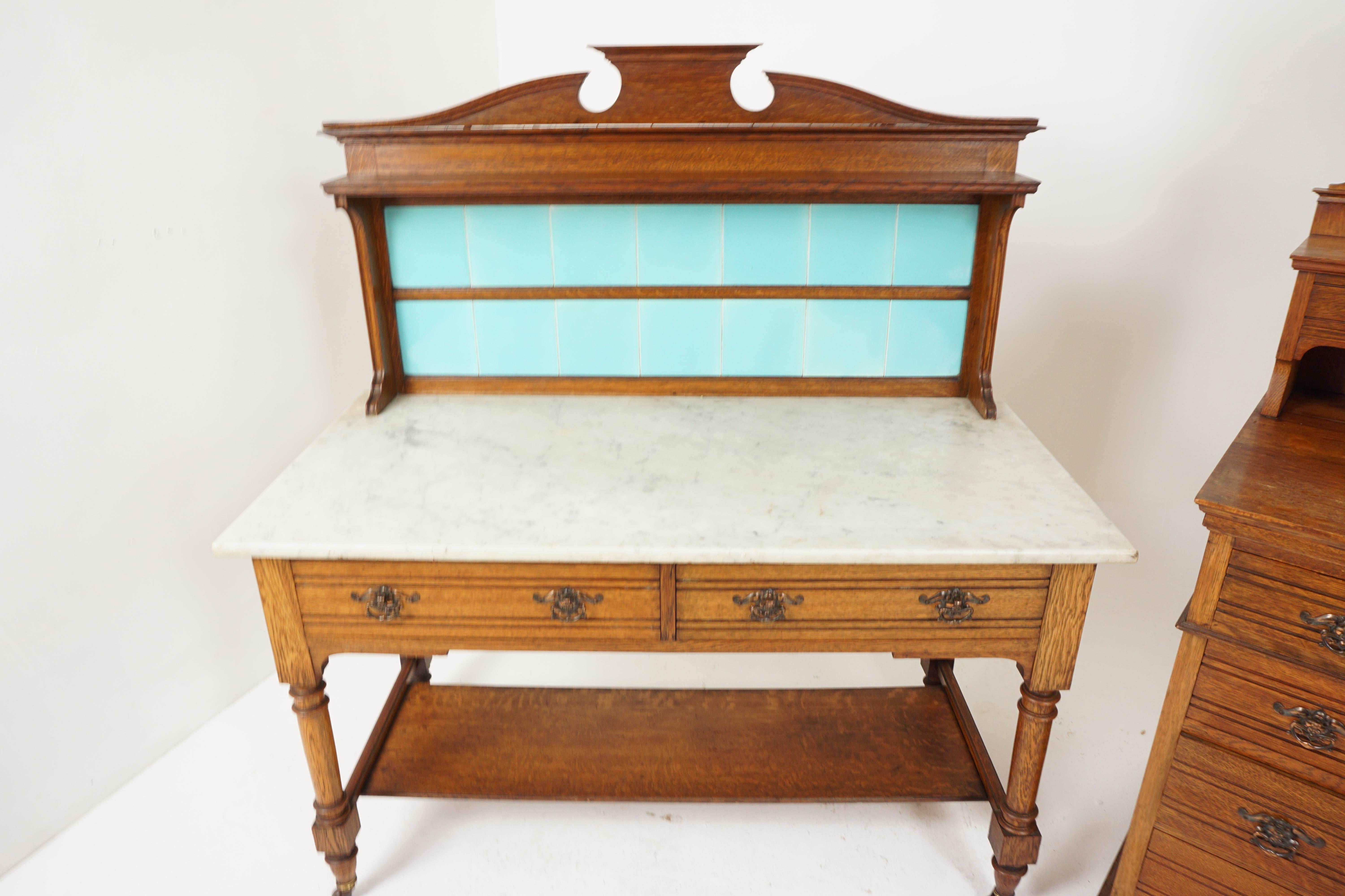 Aesthetic Movement Tiger Oak Marble Top Washstand, Maple & Co London, England 1900, H540

England 1900
Solid oak
Original finish
Shaped pediment on top
Shelf below
Tiles to the back splash
White marble to the base
Pair of dovetailed drawers
With
