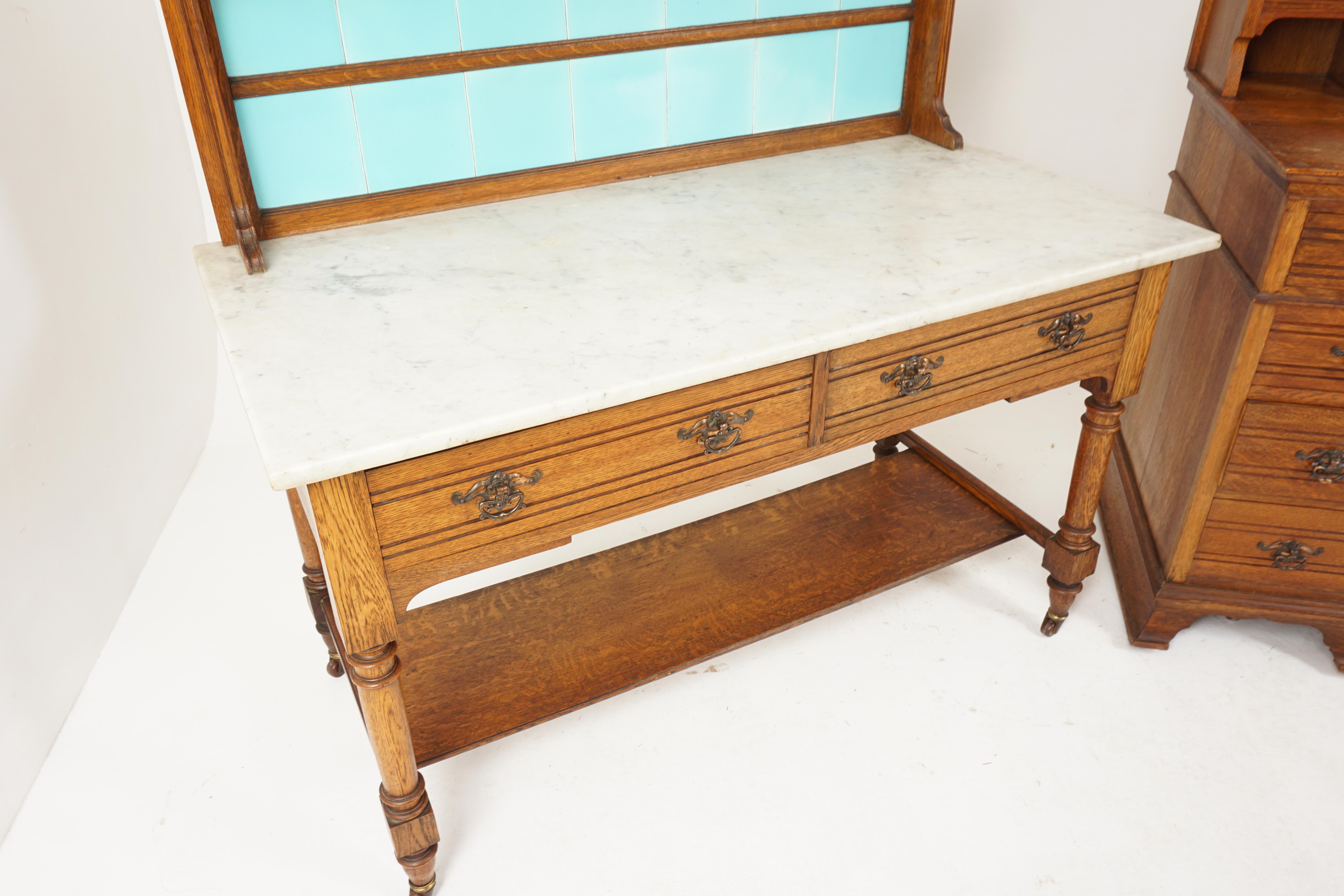 Scottish Aesthetic Oak Marble Top Washstand Maple & Co, England 1900, H540 For Sale