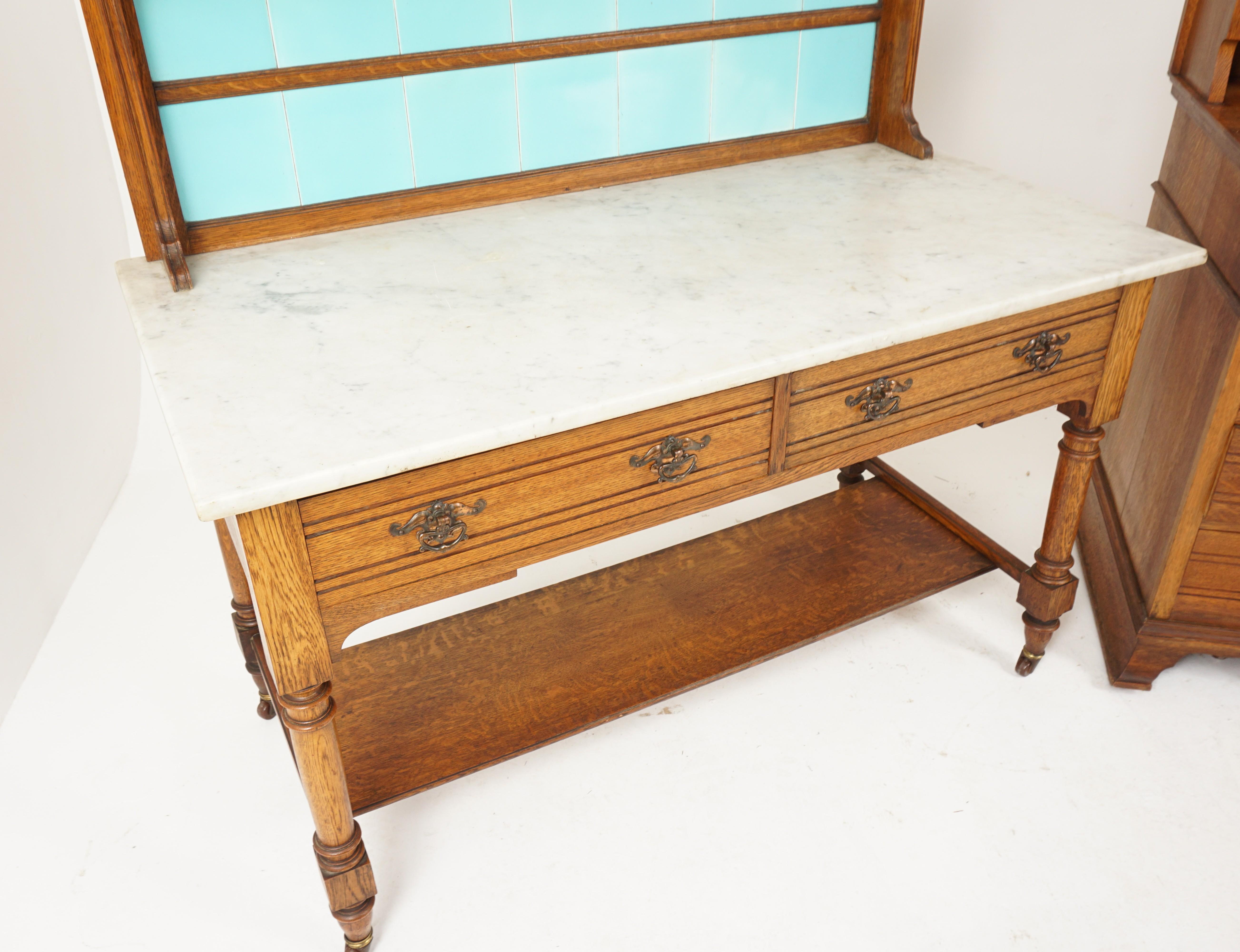 Hand-Crafted Aesthetic Oak Marble Top Washstand Maple & Co, England 1900, H540 For Sale