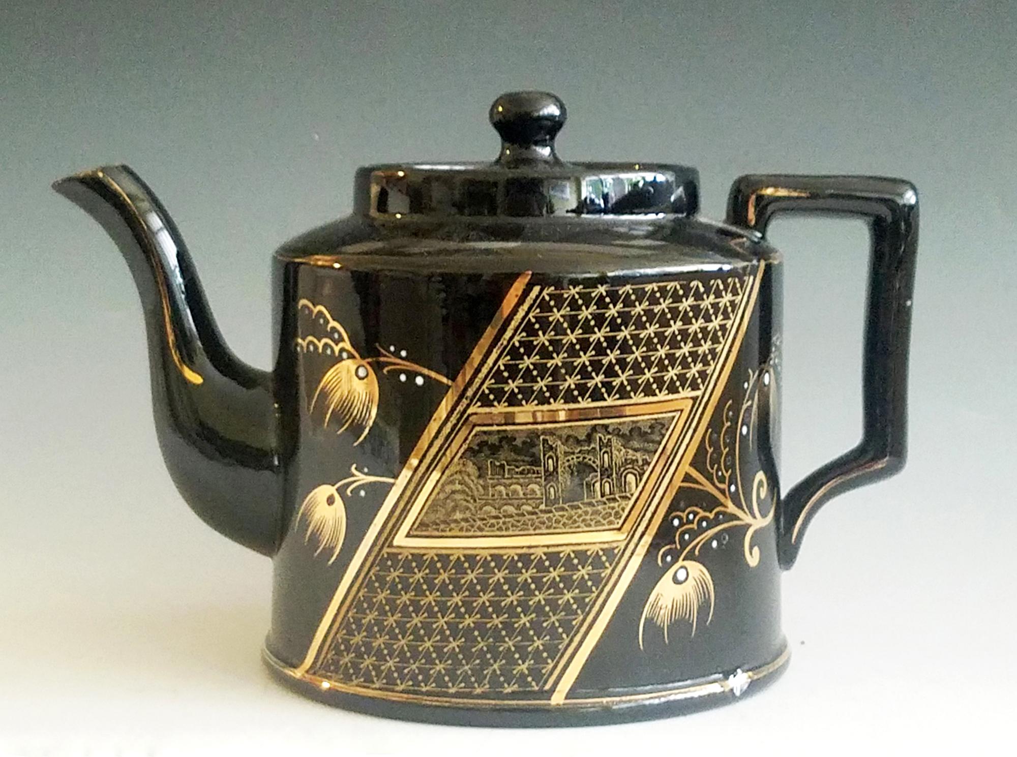 Aestheticism movement teapot and cover,
Dudson,
circa 1885

A wonderful black ground pottery teapot with chinoiserie and botanic designs to each side in gold.

