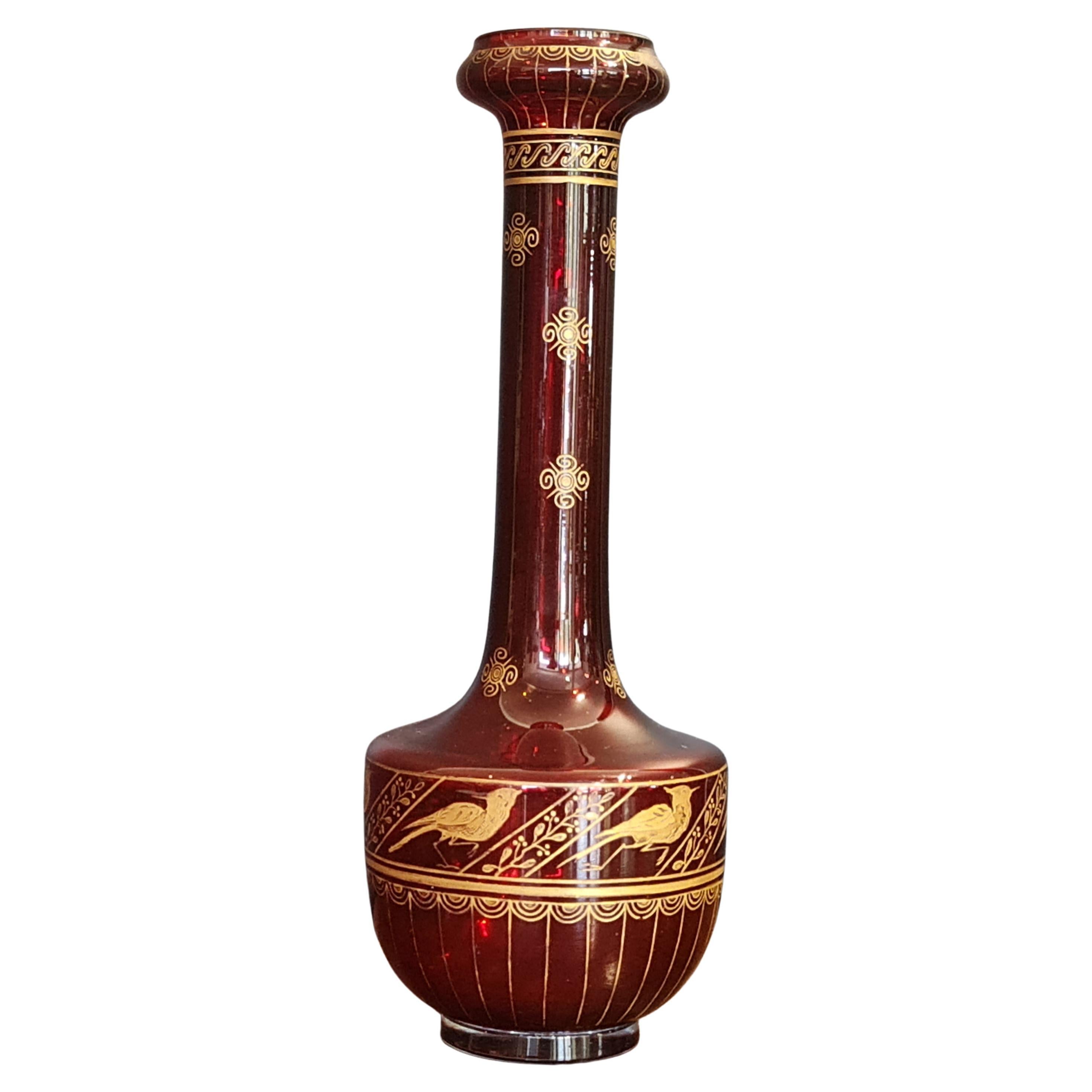 Aesthetic Movement Ruby glass vase,  gilt decoration  Christopher Dresser style