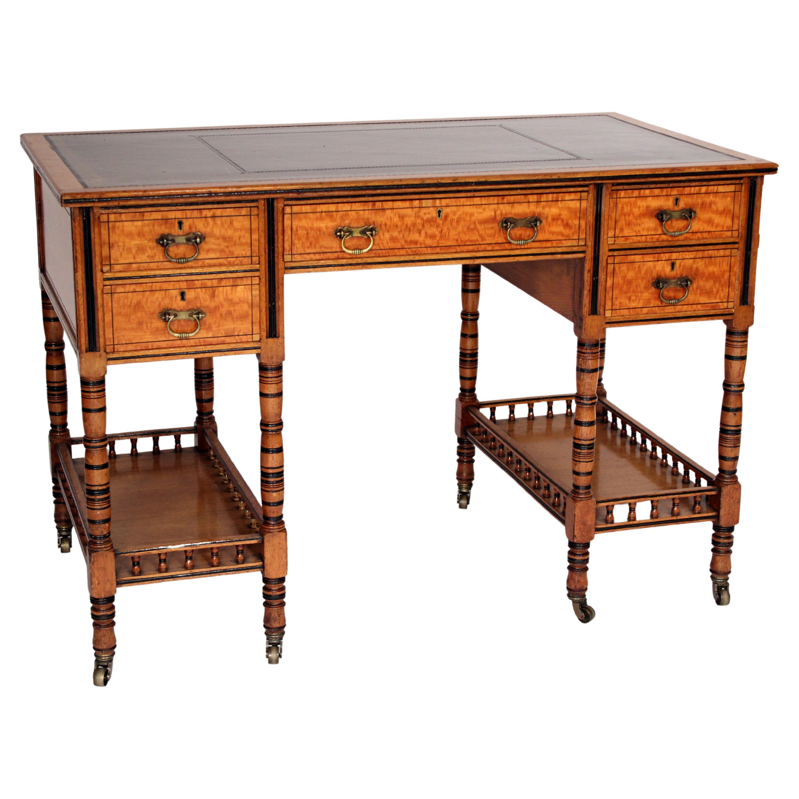 Aesthetic Movement Satin wood and Oak Leather Top Desk