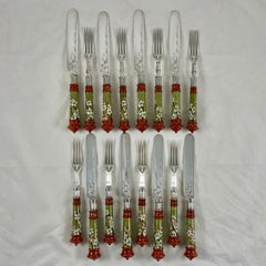 Aesthetic Movement Sheffield Silver & Glazed Earthenware Dogwood Cutlery, Set/16