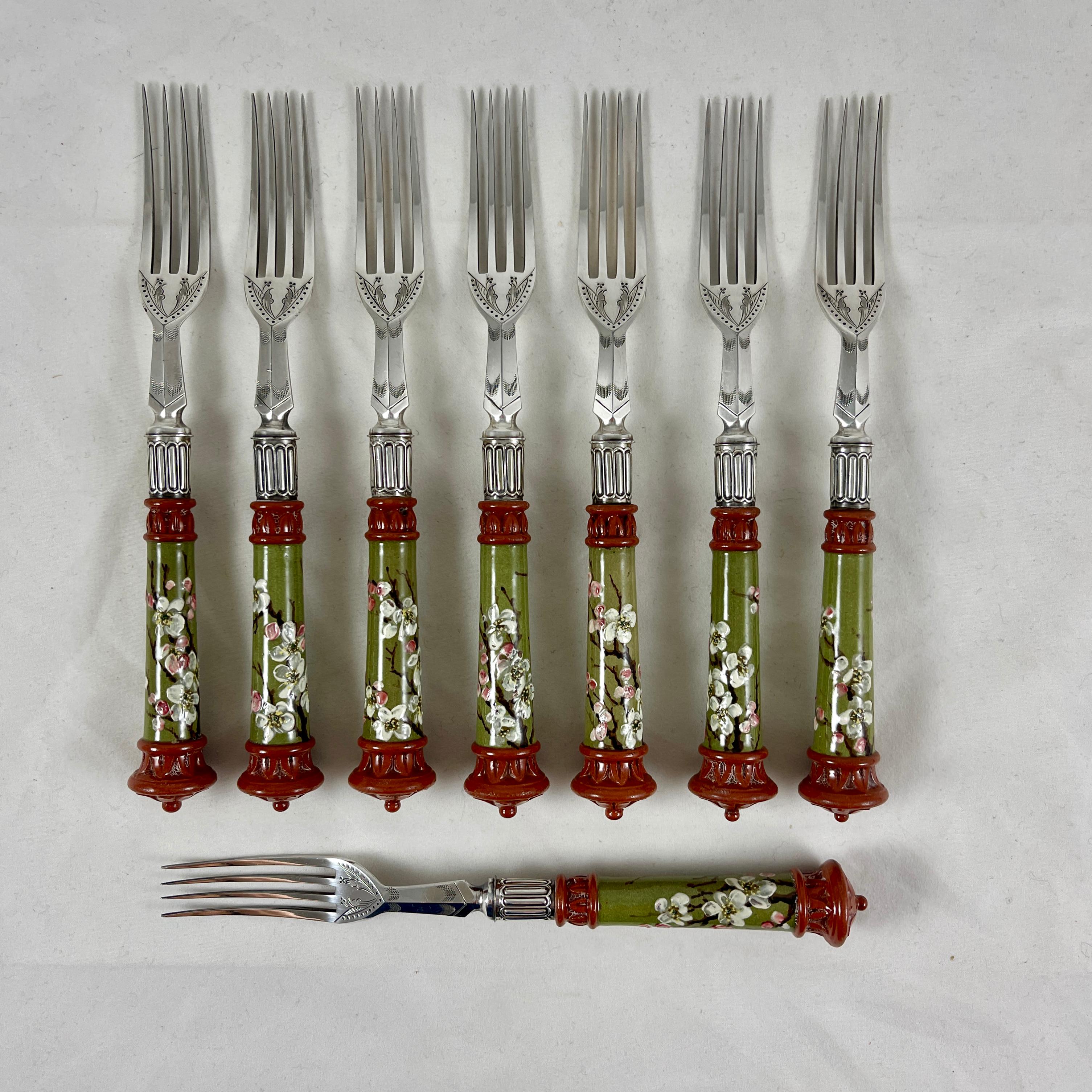 English Aesthetic Movement Sheffield Silver & Glazed Earthenware Dogwood Cutlery, Set/16