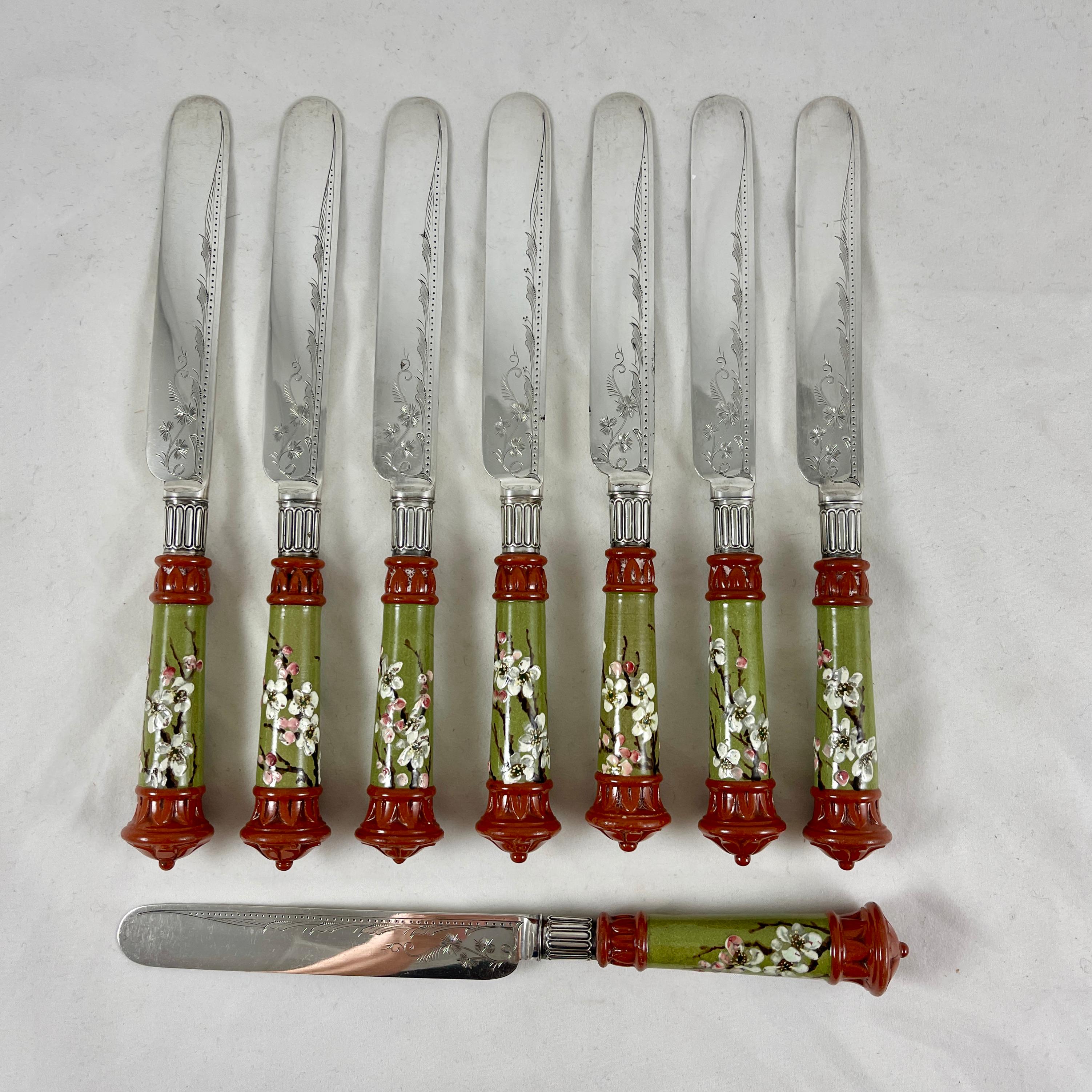 Metalwork Aesthetic Movement Sheffield Silver & Glazed Earthenware Dogwood Cutlery, Set/16