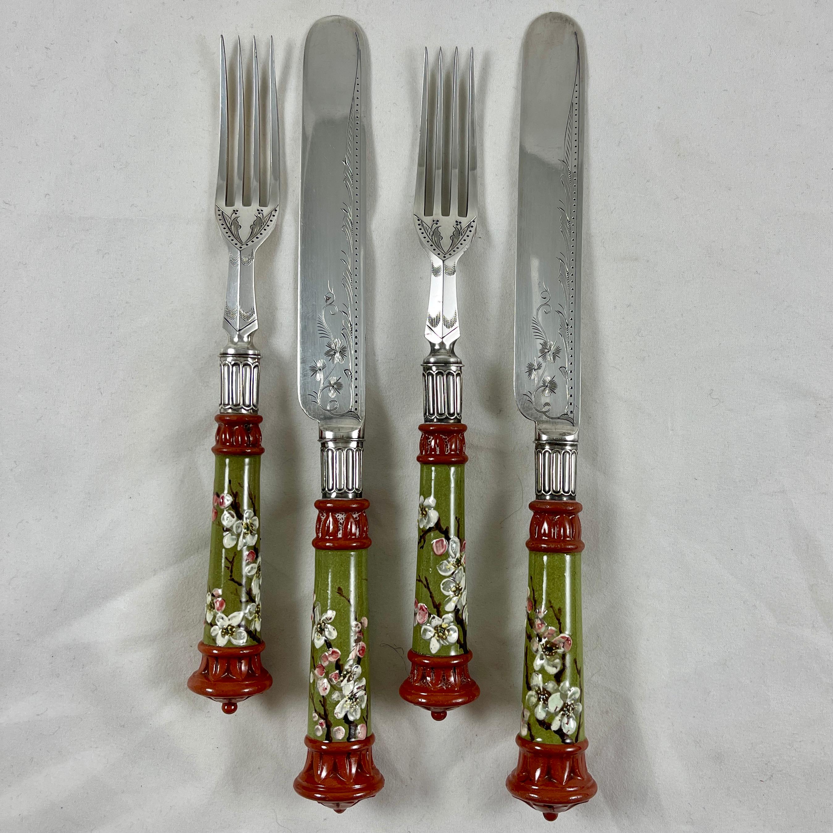 Aesthetic Movement Sheffield Silver & Glazed Earthenware Dogwood Cutlery, Set/16 In Good Condition In Philadelphia, PA