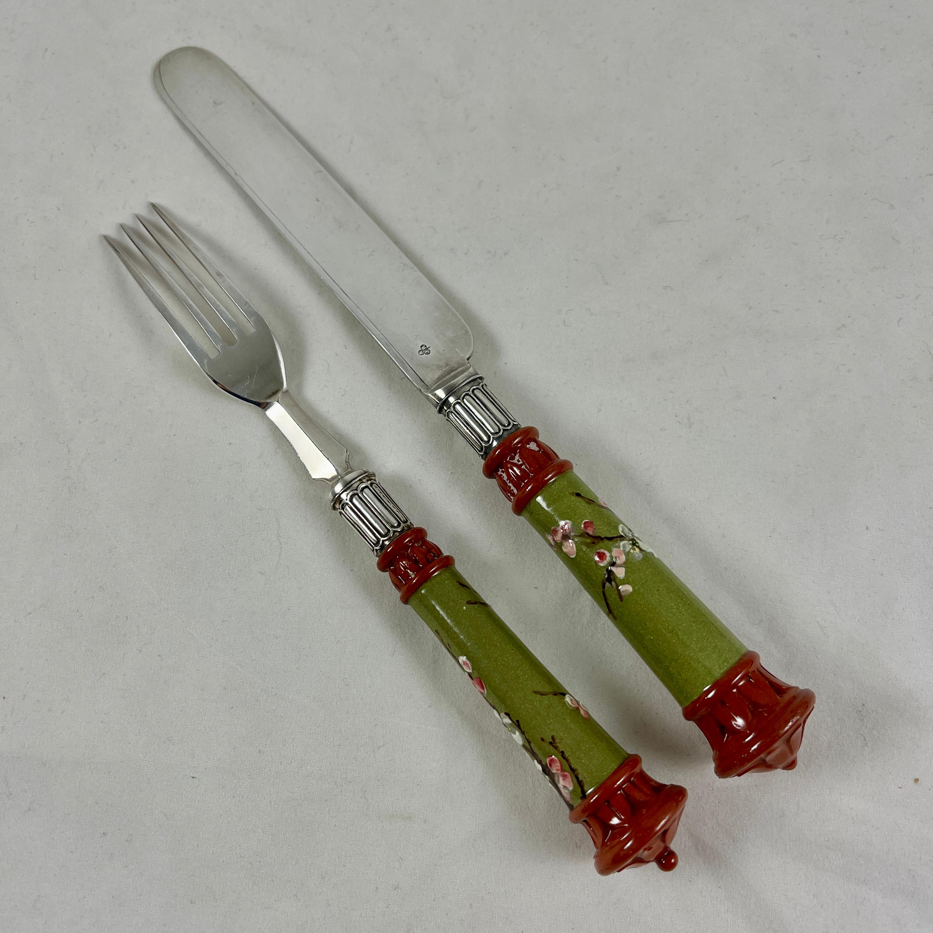 Silver Plate Aesthetic Movement Sheffield Silver & Glazed Earthenware Dogwood Cutlery, Set/16