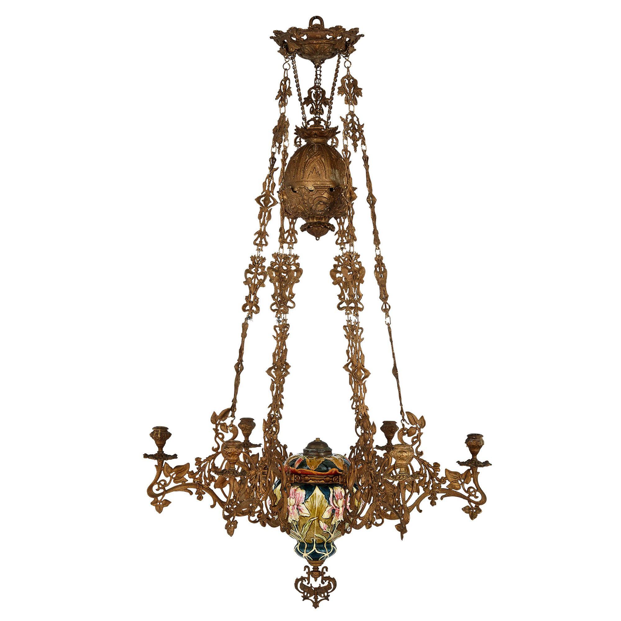Aesthetic Movement Spelter and Majolica Six-Light Chandelier For Sale